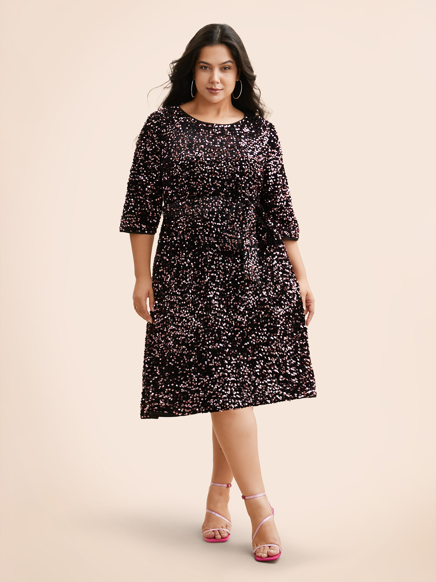 

Plus Size Sequin Round Neck Dress Black Women Cocktail Texture Party Curvy Bloomchic