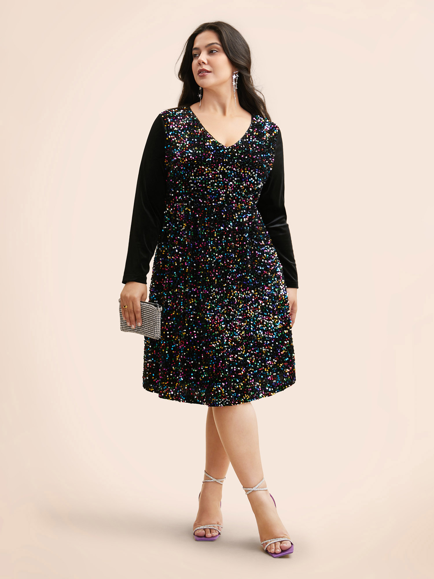 

Plus Size V Neck Sequin Patchwork Dress Black Women Cocktail Texture Party Curvy Bloomchic