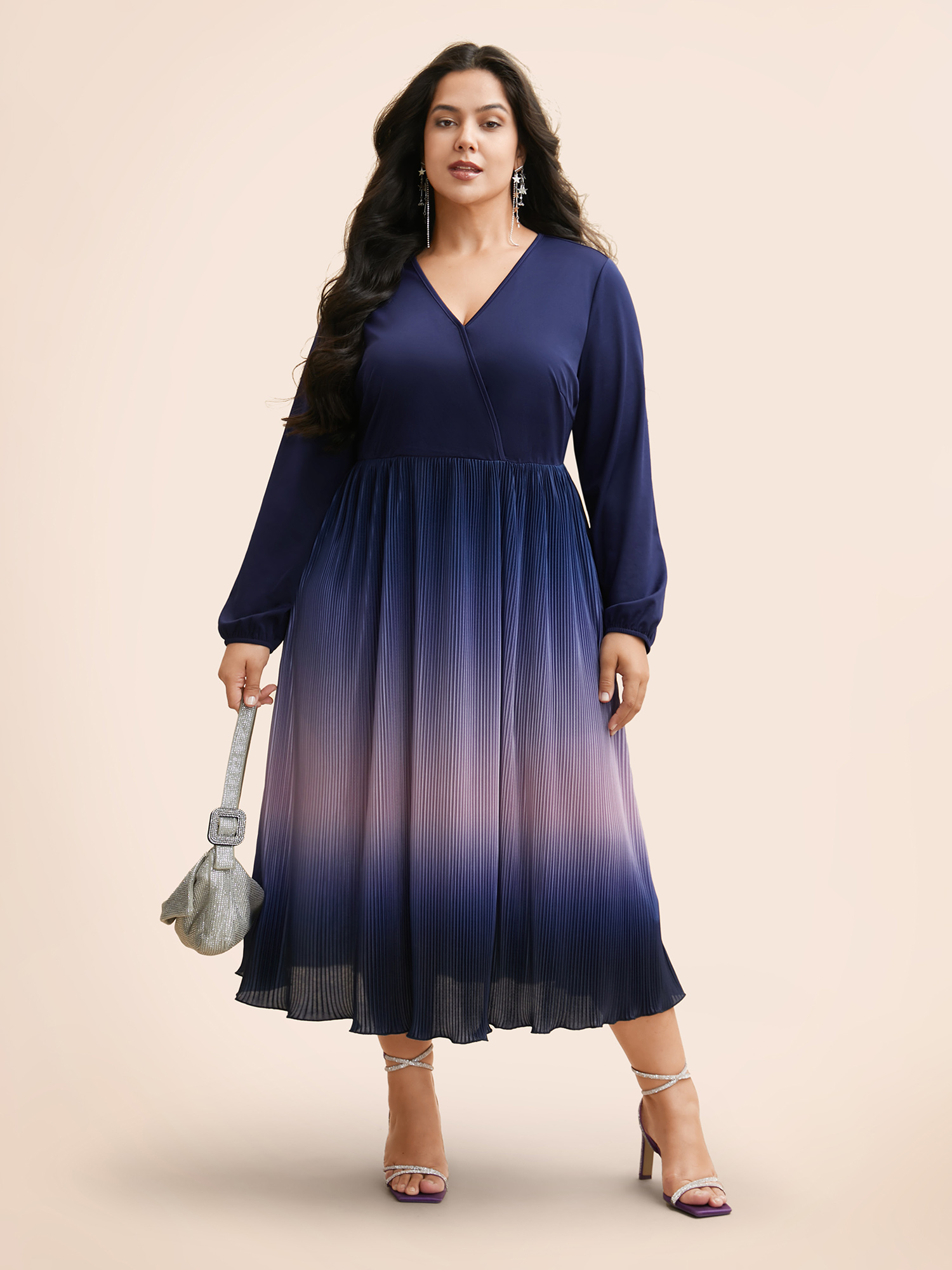 

Plus Size Overlap Collar Ombre Patchwork Pleated Dress Navy Women Cocktail Texture Party Curvy Bloomchic