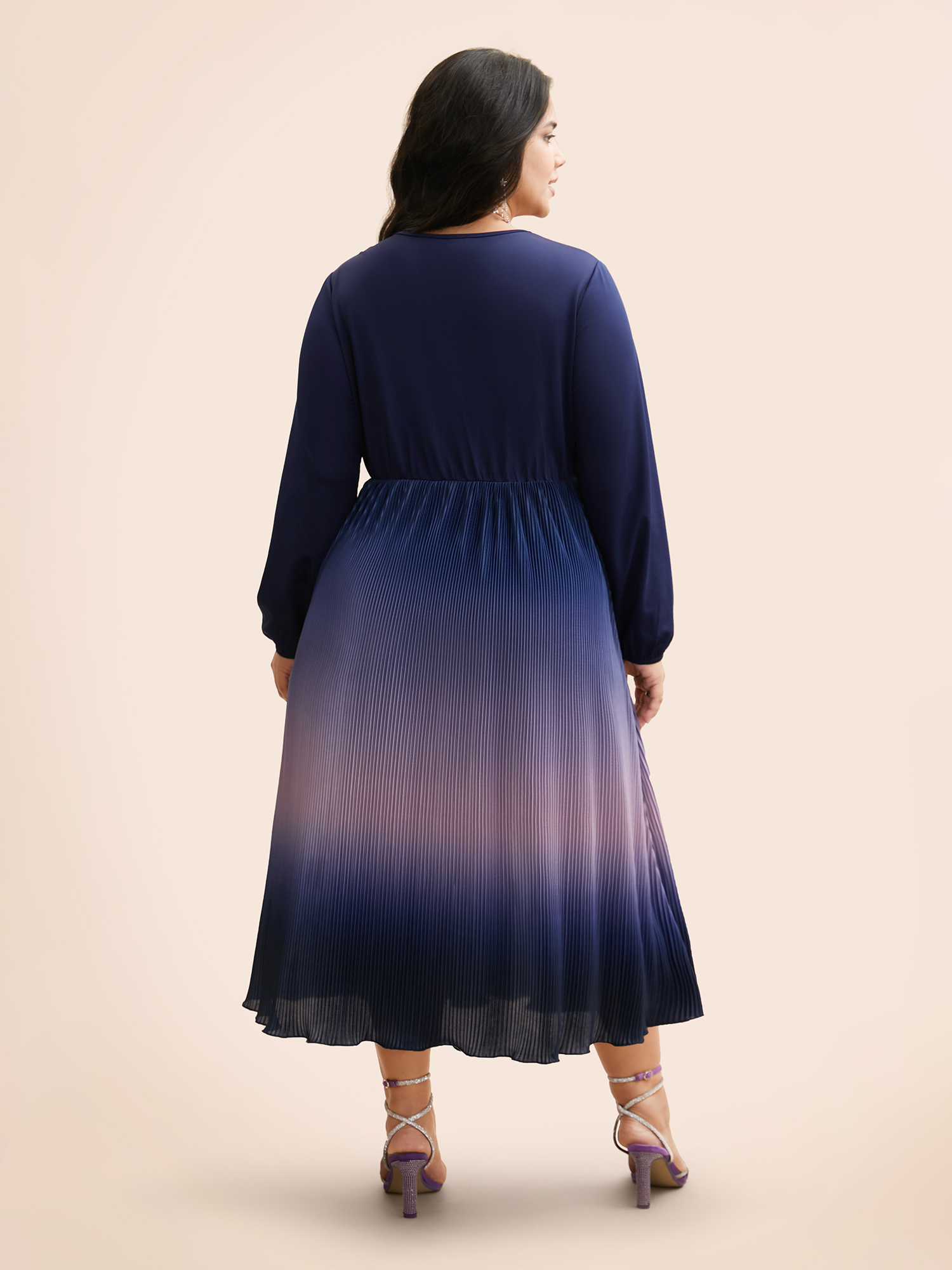 

Plus Size Overlap Collar Ombre Patchwork Pleated Dress Navy Women Cocktail Texture Party Curvy Bloomchic