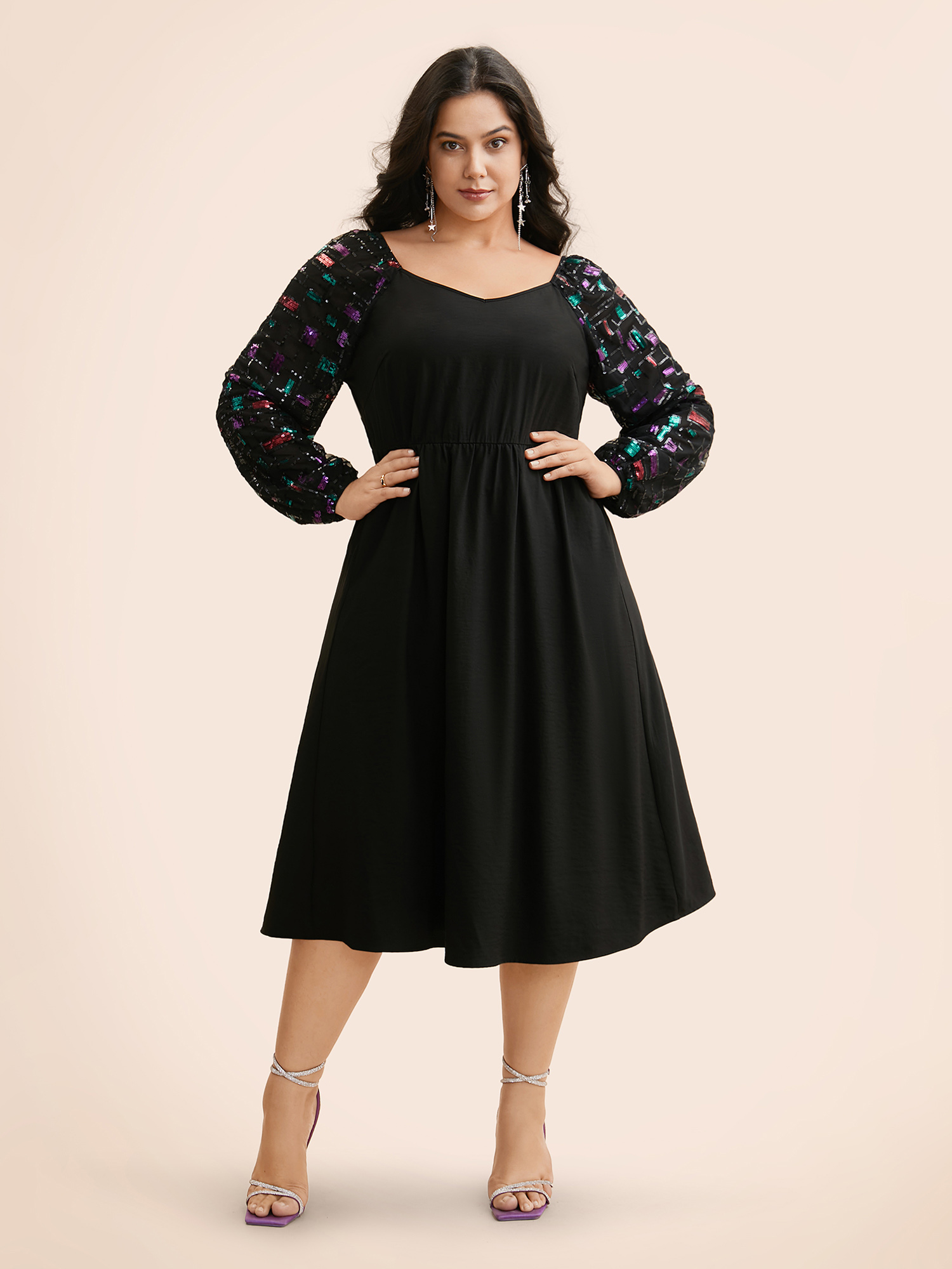 

Plus Size Heart Neckline Sequin Mesh Patchwork Dress Black Women Cocktail Texture Party Curvy Bloomchic