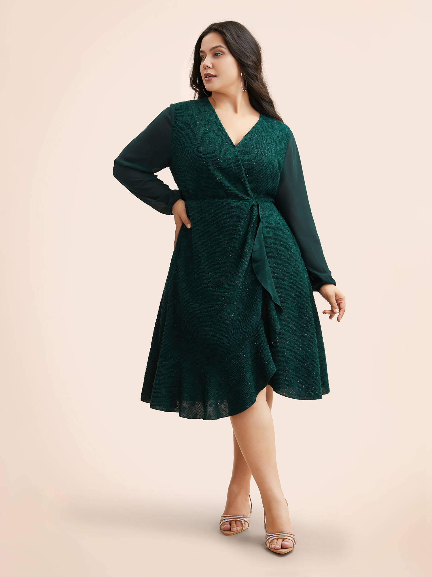 

Plus Size Texture Overlap Collar Ruffle Trim Dress DarkGreen Women Cocktail Texture Party Curvy Bloomchic