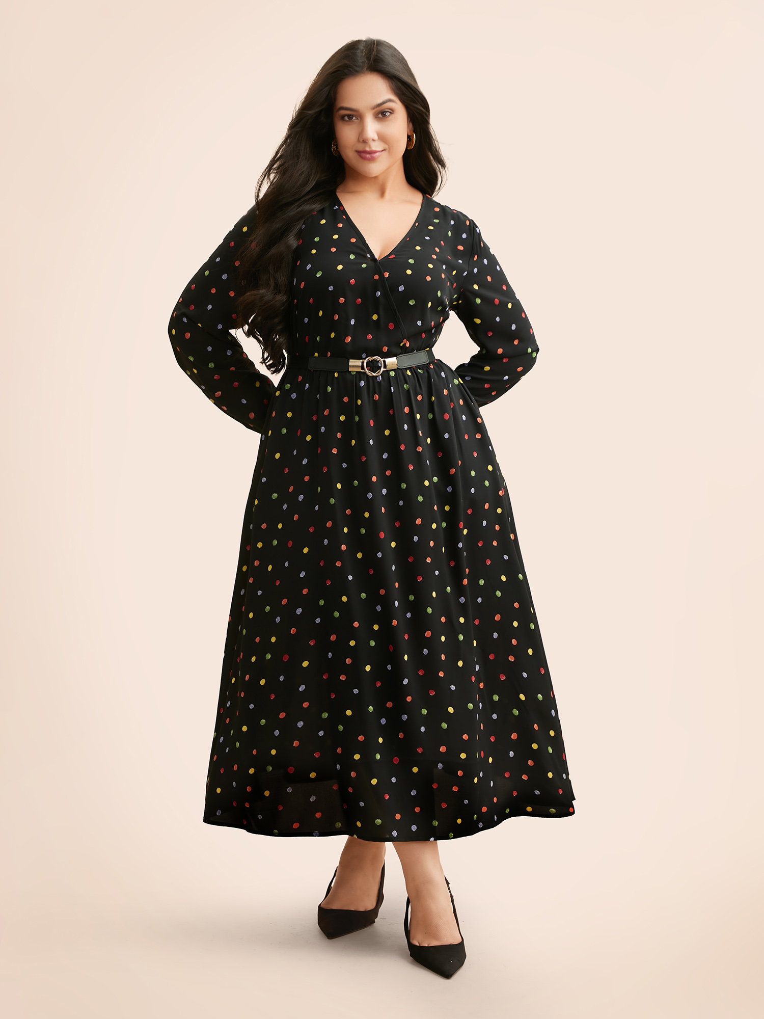 

Plus Size Overlap Collar Color Polka Dot Dress Black Women Elegant Gathered Overlap Collar Long Sleeve Curvy BloomChic