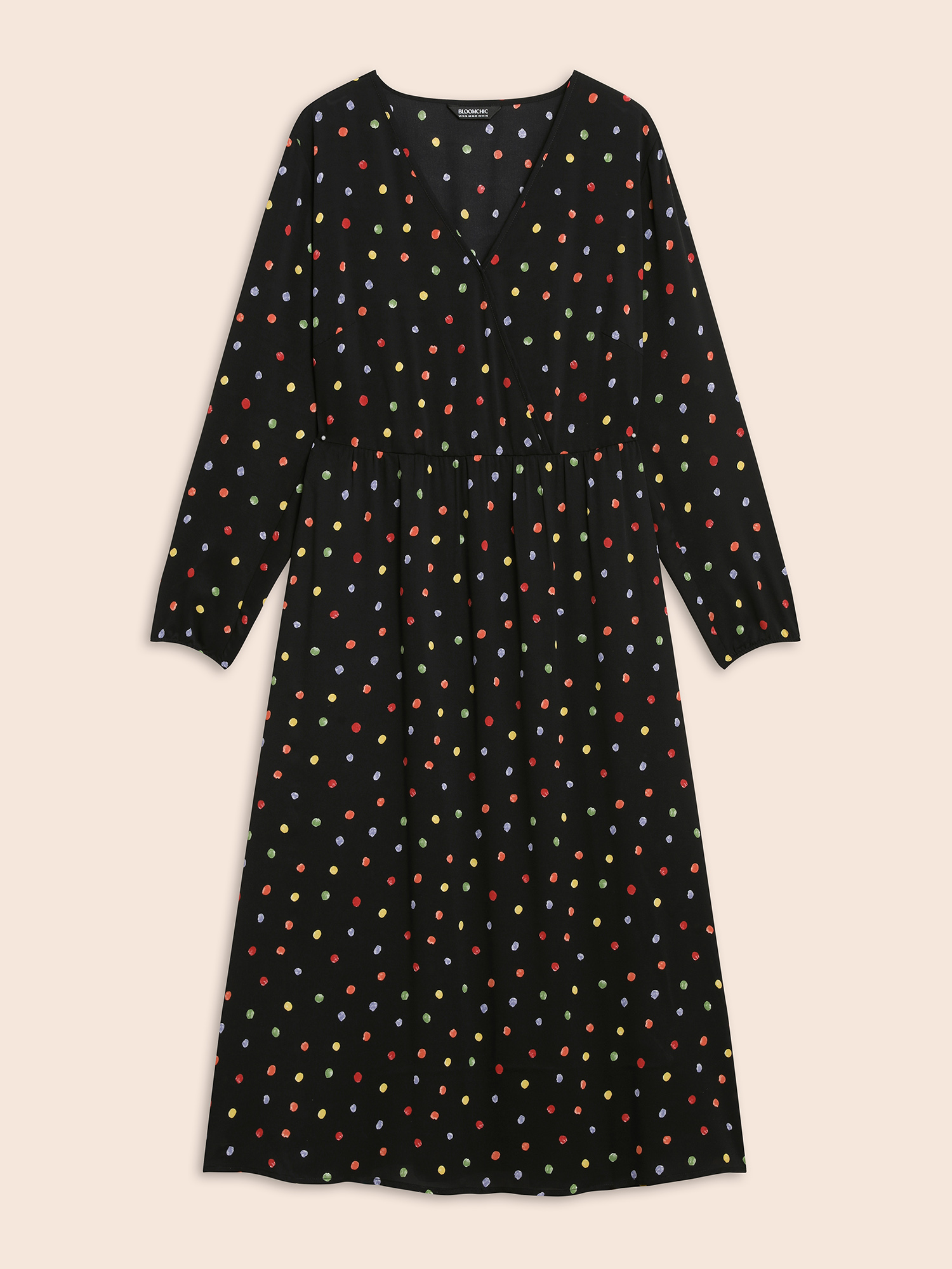 

Plus Size Overlap Collar Color Polka Dot Dress Black Women Elegant Gathered Overlap Collar Long Sleeve Curvy BloomChic