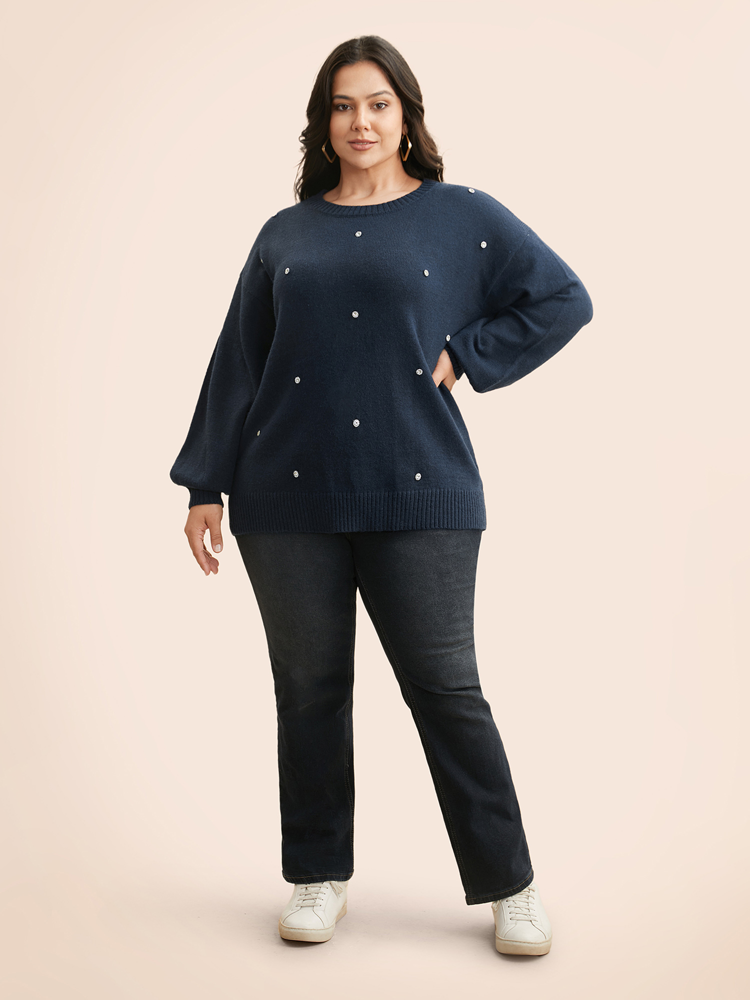 

Plus Size Rhinestone Decor Dropped Shoulder Pullover Indigo Women Casual Loose Long Sleeve Round Neck Everyday Pullovers BloomChic