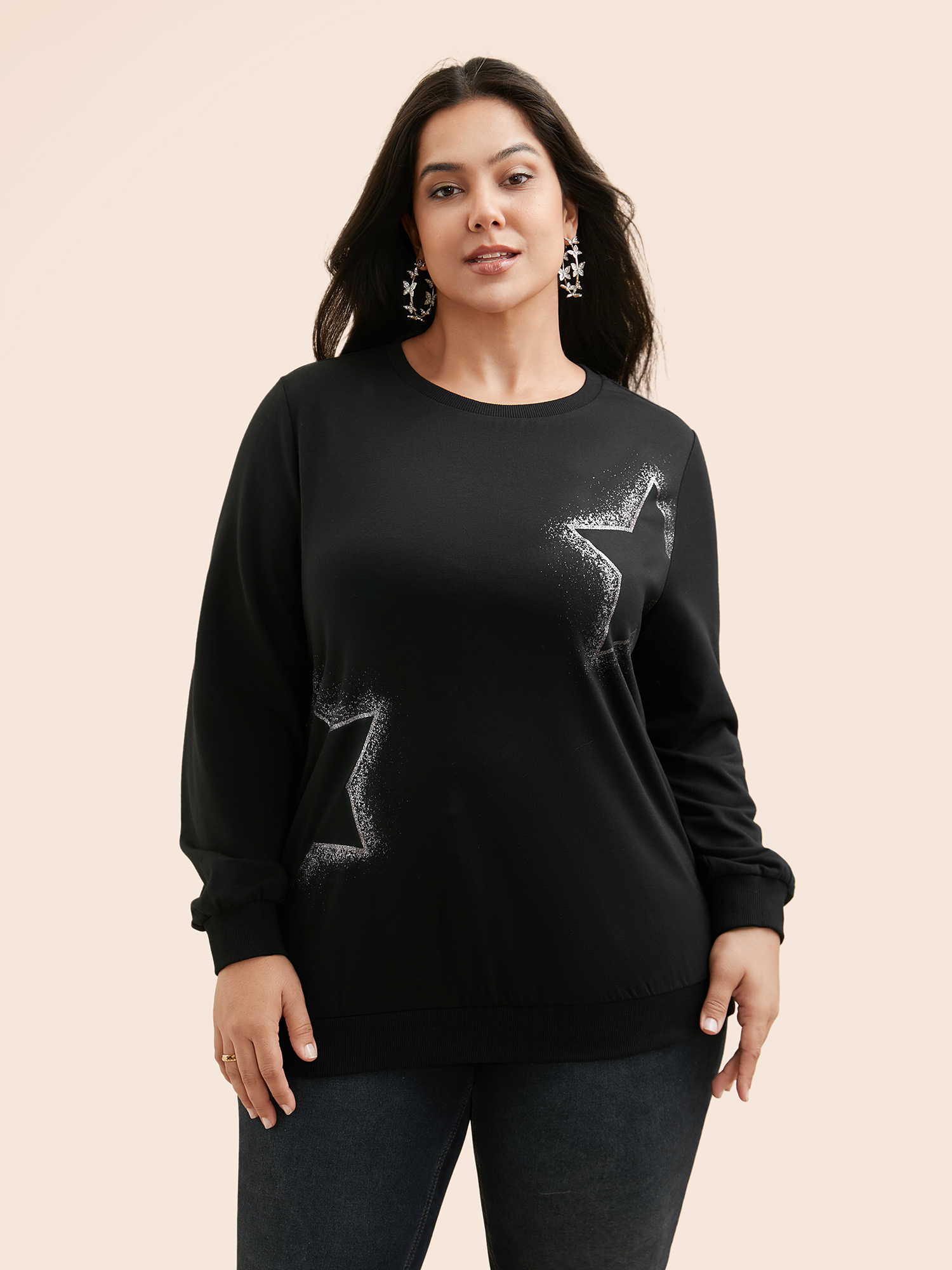 

Plus Size Star Rhinestone Slightly Stretchy Sweatshirt Women Black Casual Rhinestone detailing Round Neck Everyday Sweatshirts BloomChic