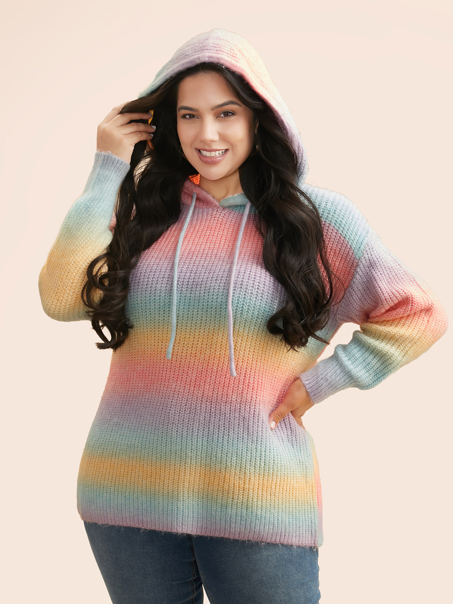 

Plus Size Ombre Contrast Hooded Drop Shoulder Pullover Multicolor Women Casual Loose Long Sleeve Hooded Everyday Pullovers BloomChic