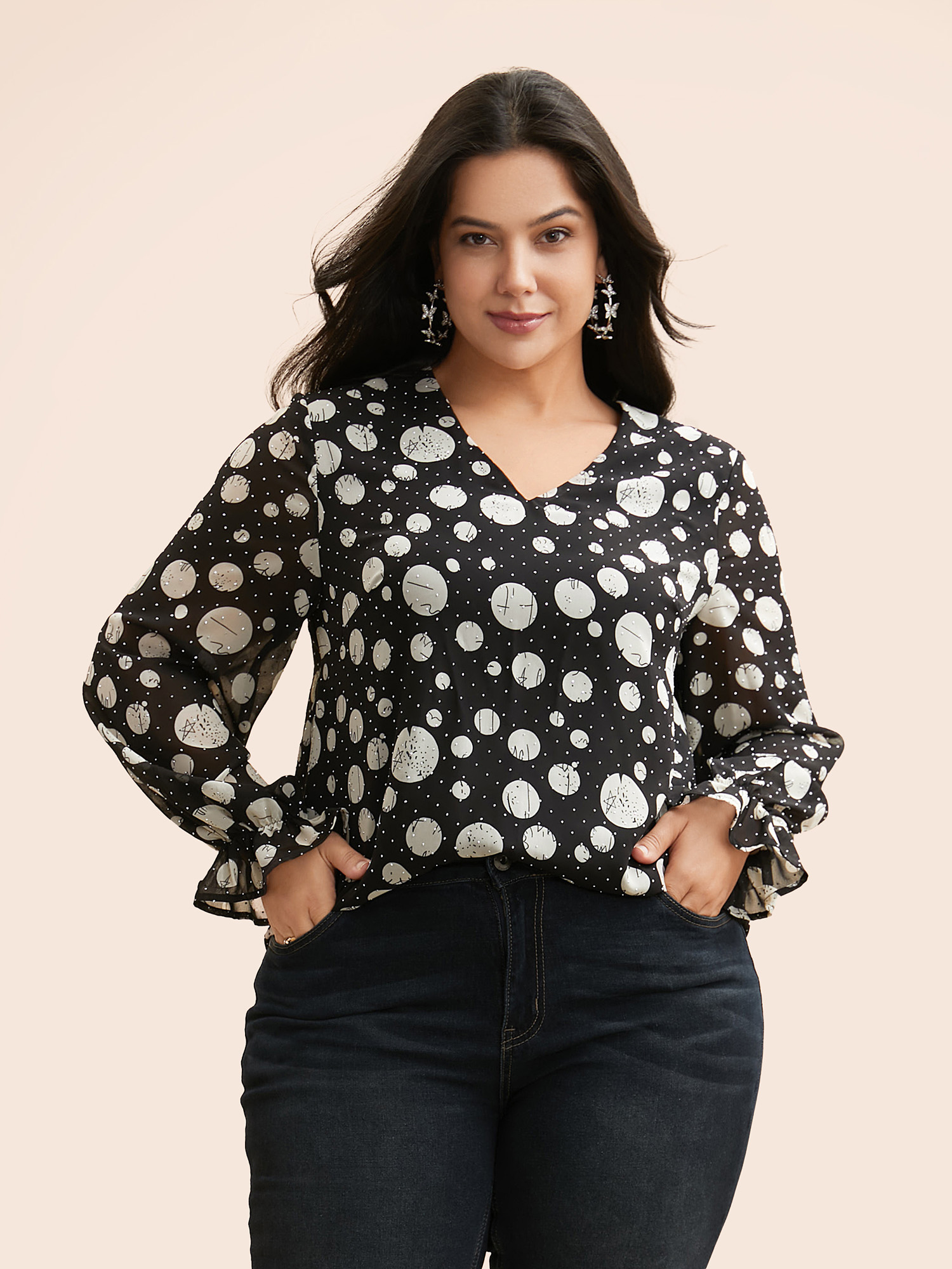 

Plus Size Black Polka Dot Rhinestone Lantern Sleeve Blouse Women Casual Long Sleeve V-neck Everyday Blouses BloomChic