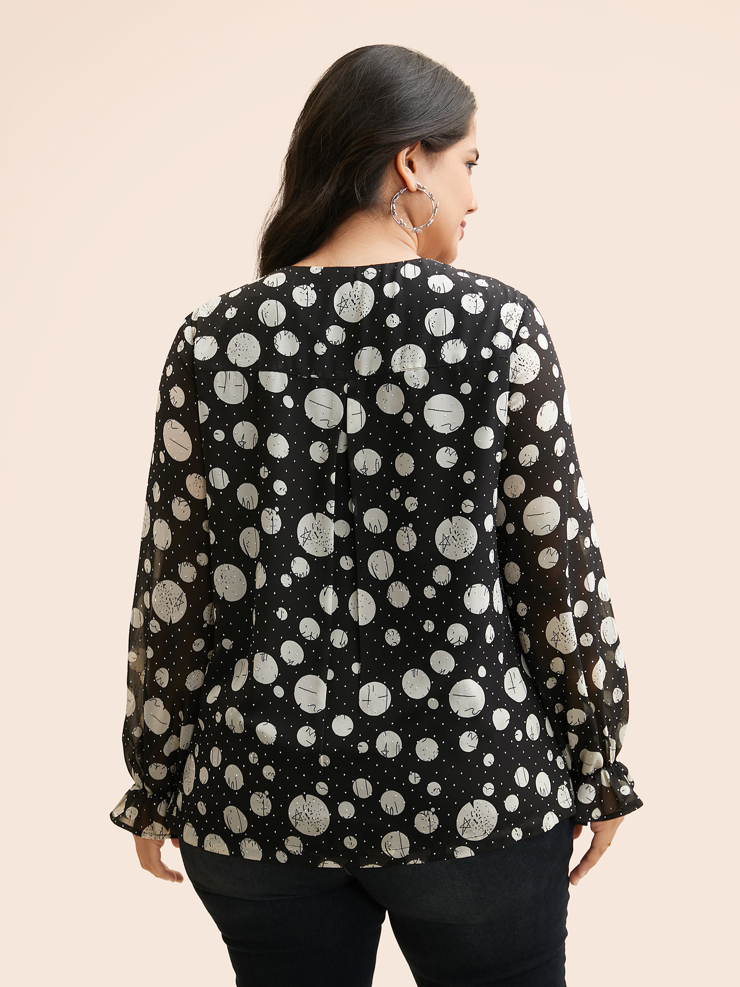 

Plus Size Black Polka Dot Rhinestone Lantern Sleeve Blouse Women Casual Long Sleeve V-neck Everyday Blouses BloomChic