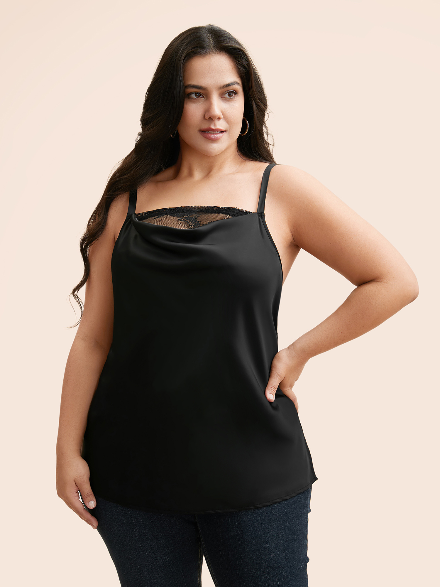 

Plus Size Lace Patchwork Cowl Neck Cami Top Women Black Cocktail See through Cowl Neck Party Tank Tops Camis BloomChic