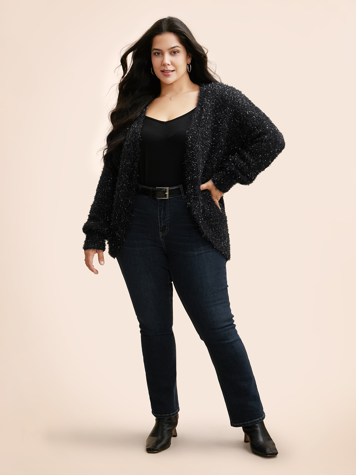 

Plus Size Luxe Fluffy Open Front Cardigan Black Women Cocktail Loose Long Sleeve Party Cardigans BloomChic