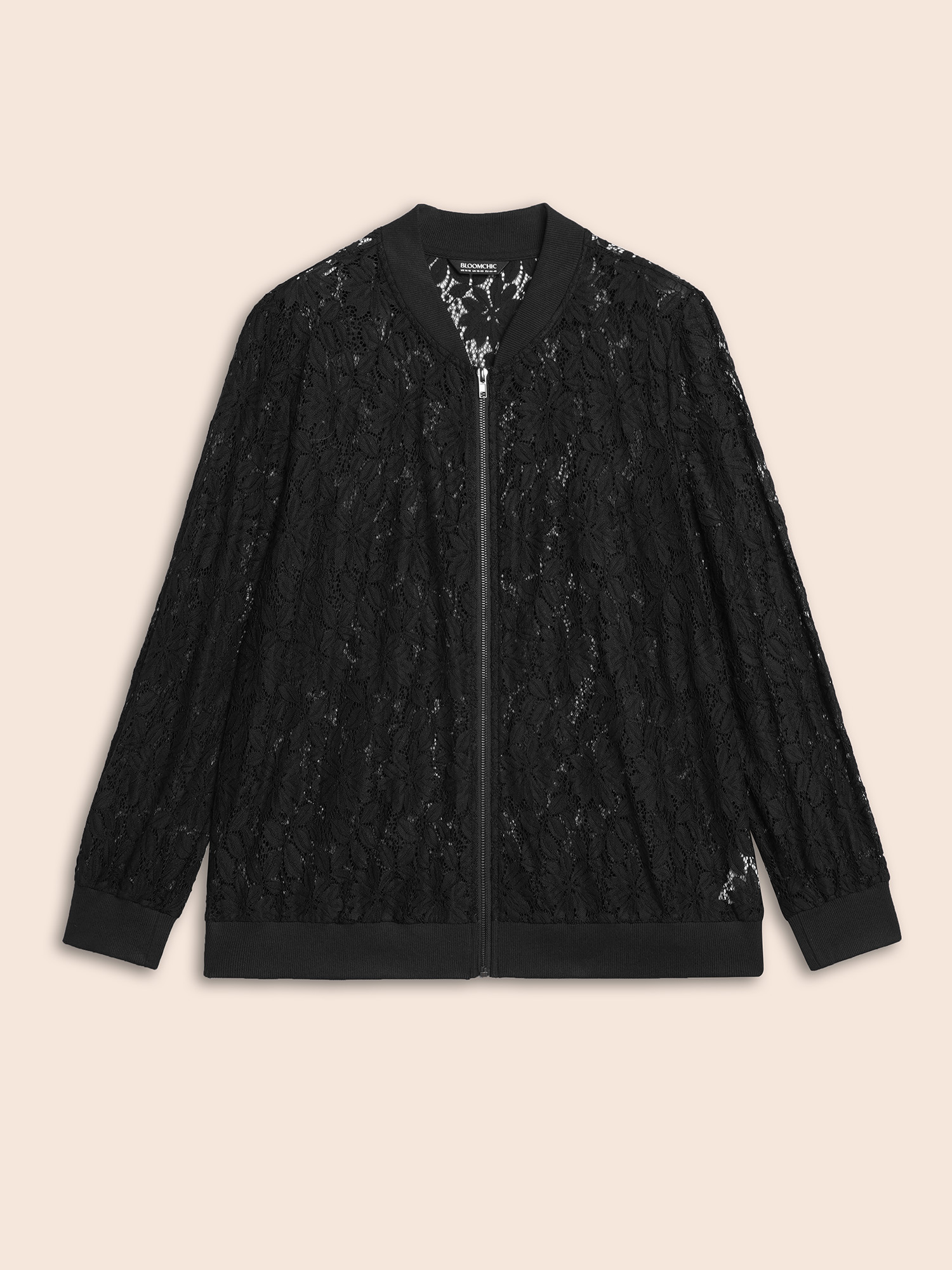 

Plus Size Lace Panel Zipper See Through Jacket Women Black See through Everyday Jackets BloomChic