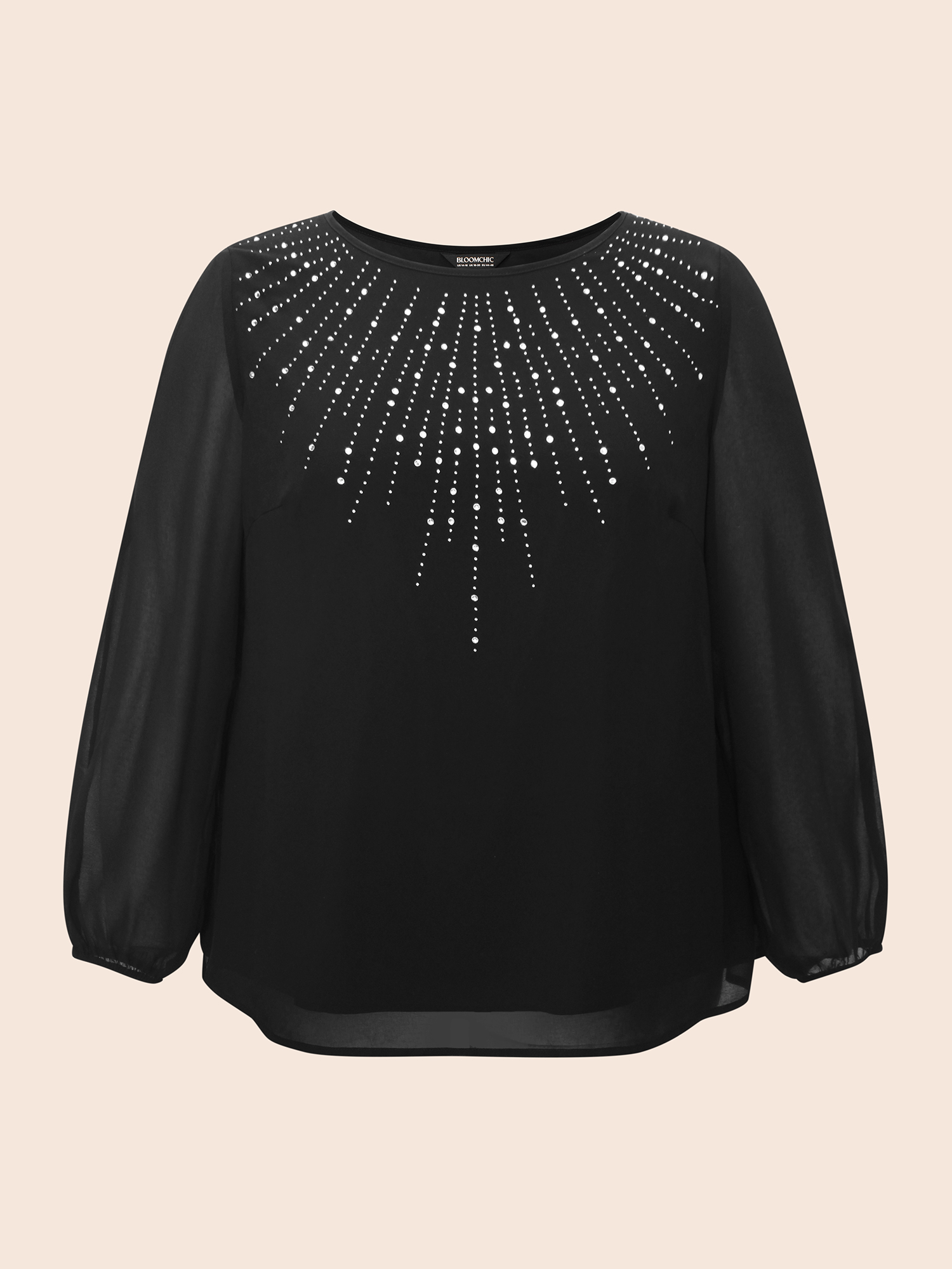 

Plus Size Black Rhinestone Cut Out Lantern Sleeve Blouse Women Cocktail Long Sleeve Round Neck Party Blouses BloomChic