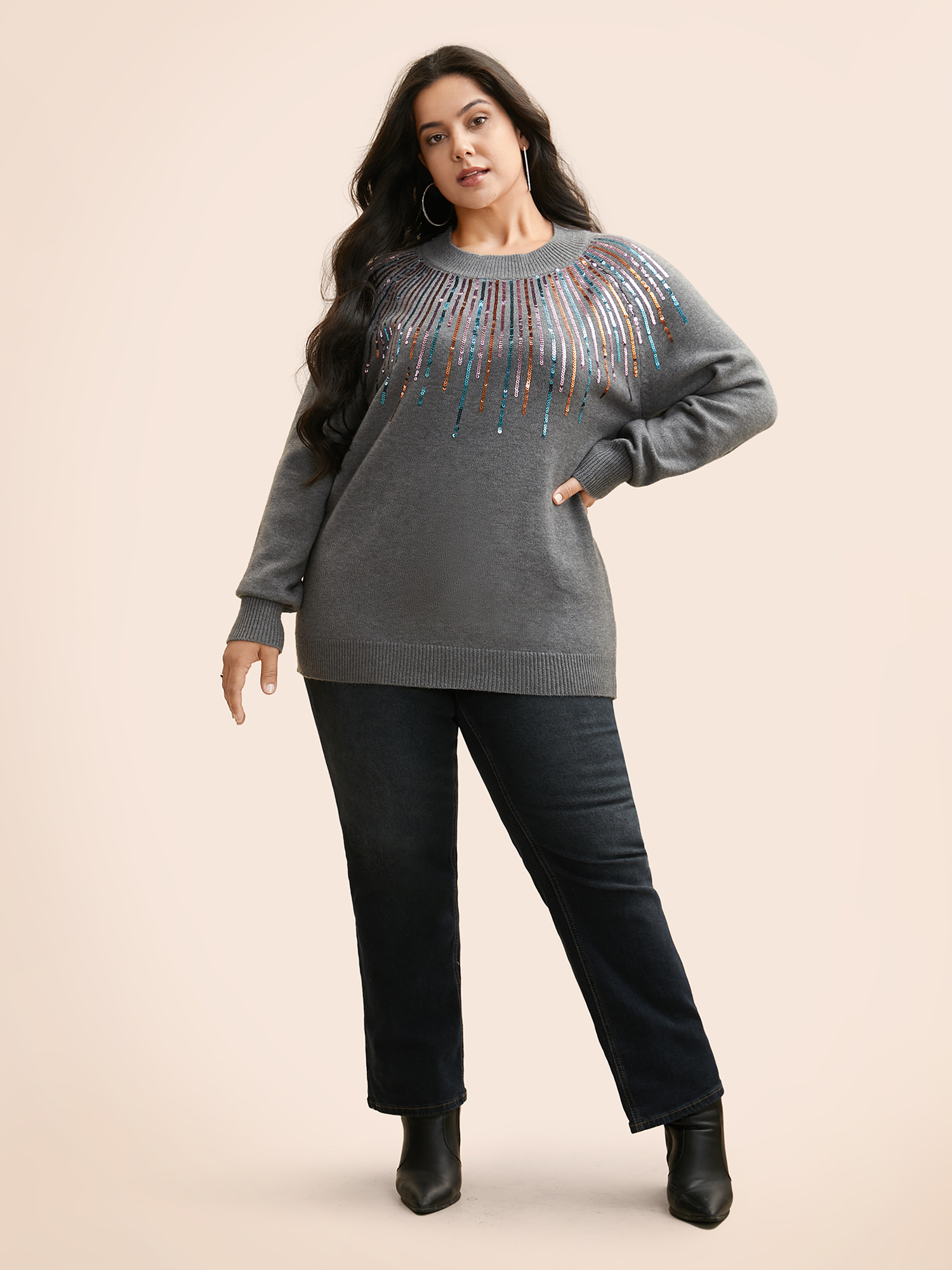 

Plus Size Supersoft Essentials Sequin Raglan Sleeve Pullover DimGray Women Casual Loose Long Sleeve Round Neck Everyday Pullovers BloomChic