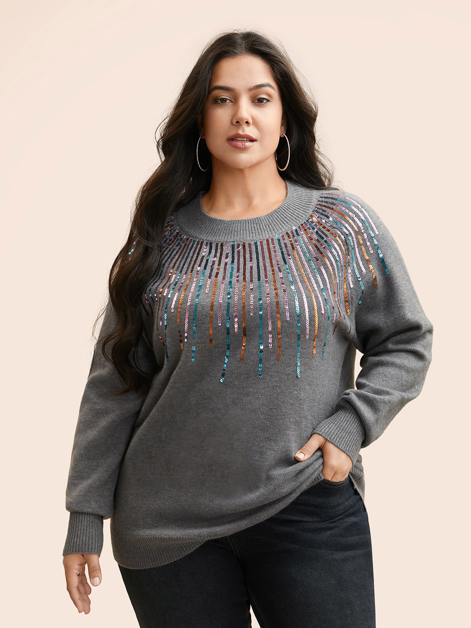 

Plus Size Supersoft Essentials Sequin Raglan Sleeve Pullover DimGray Women Casual Loose Long Sleeve Round Neck Everyday Pullovers BloomChic