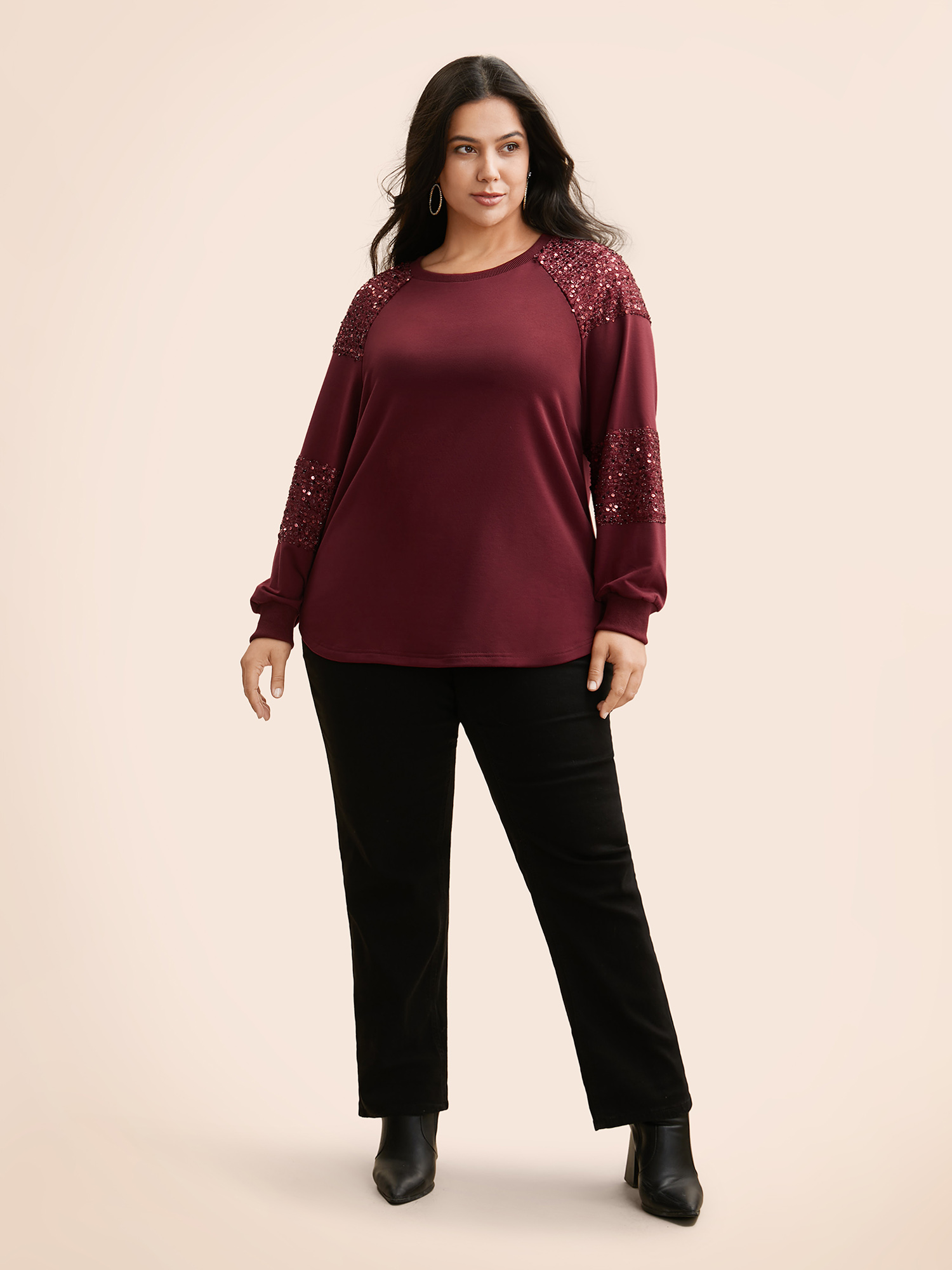 

Plus Size Sequin Patchwork Raglan Sleeve Sweatshirt Women Burgundy Casual Patchwork Round Neck Everyday Sweatshirts BloomChic