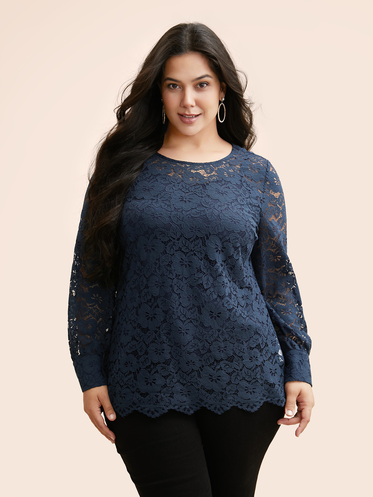 

Plus Size Indigo Crew Neck Crochet Lace Pleated Blouse Women Cocktail Long Sleeve Round Neck Party Blouses BloomChic