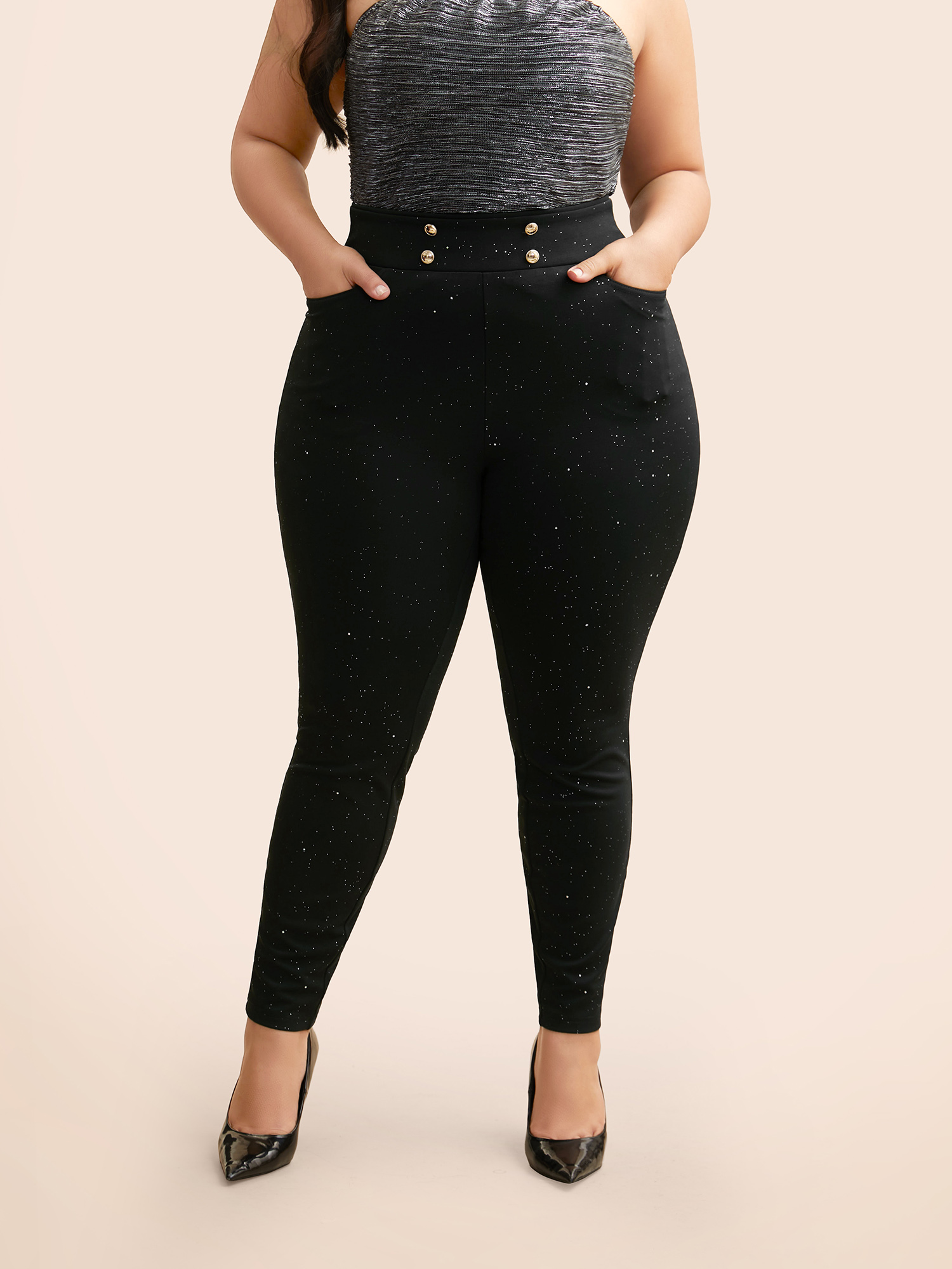 

Plus Size Glitter Button Detail Skinny Pants Women Black Basics Skinny High Rise Everyday Pants BloomChic