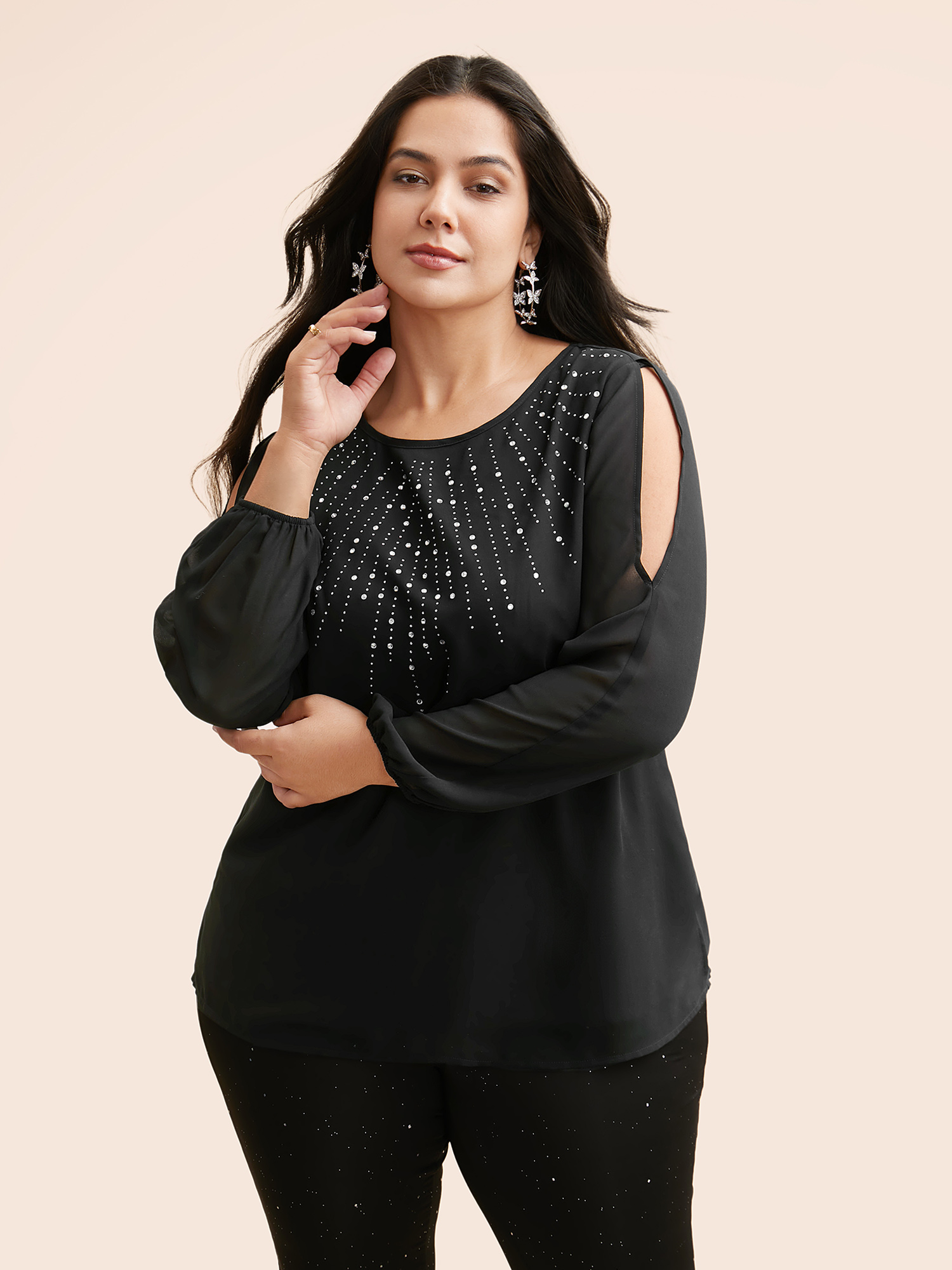 

Plus Size Black Rhinestone Cut Out Lantern Sleeve Blouse Women Cocktail Long Sleeve Round Neck Party Blouses BloomChic