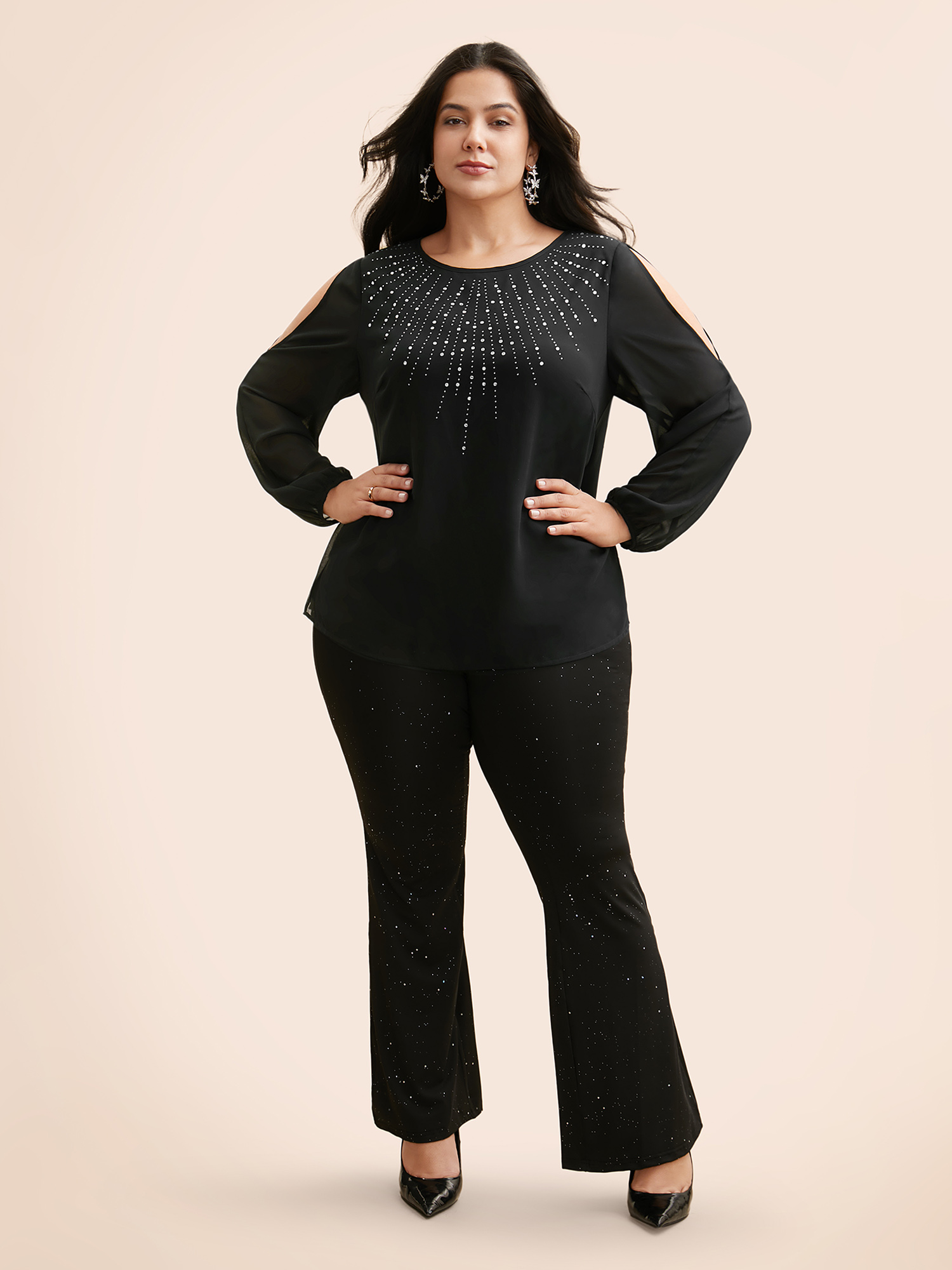 Plus Size Black Rhinestone Cut Out Lantern Sleeve Blouse Women Cocktail Long Sleeve Round Neck Party Blouses BloomChic 18-20/2X 