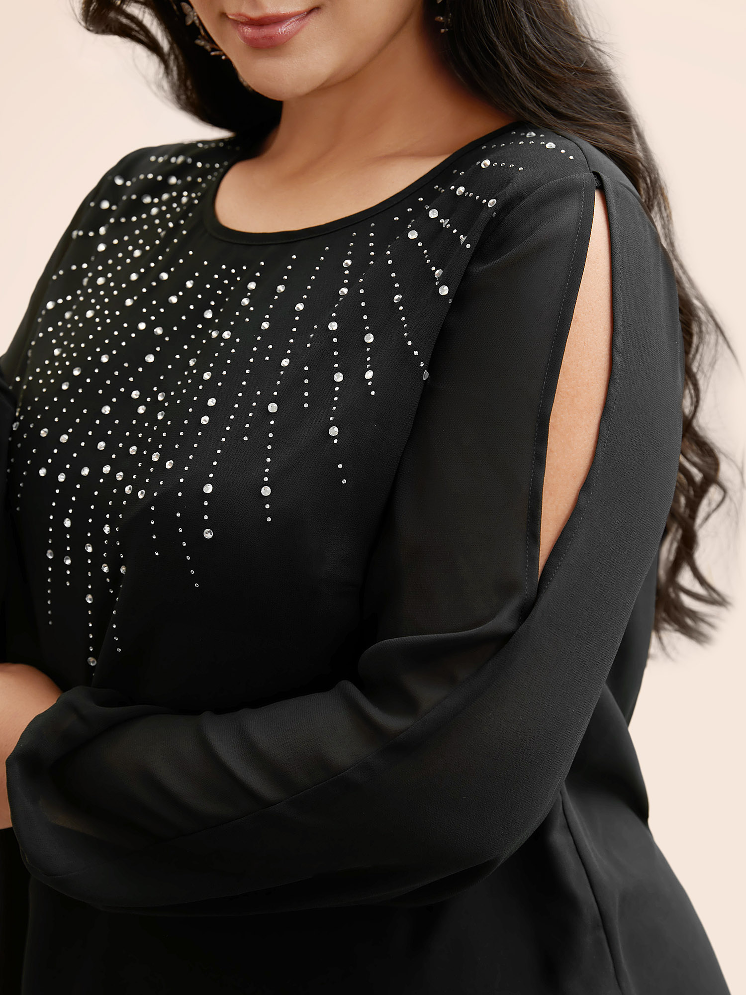 Plus Size Black Rhinestone Cut Out Lantern Sleeve Blouse Women Cocktail Long Sleeve Round Neck Party Blouses BloomChic 18-20/2X 