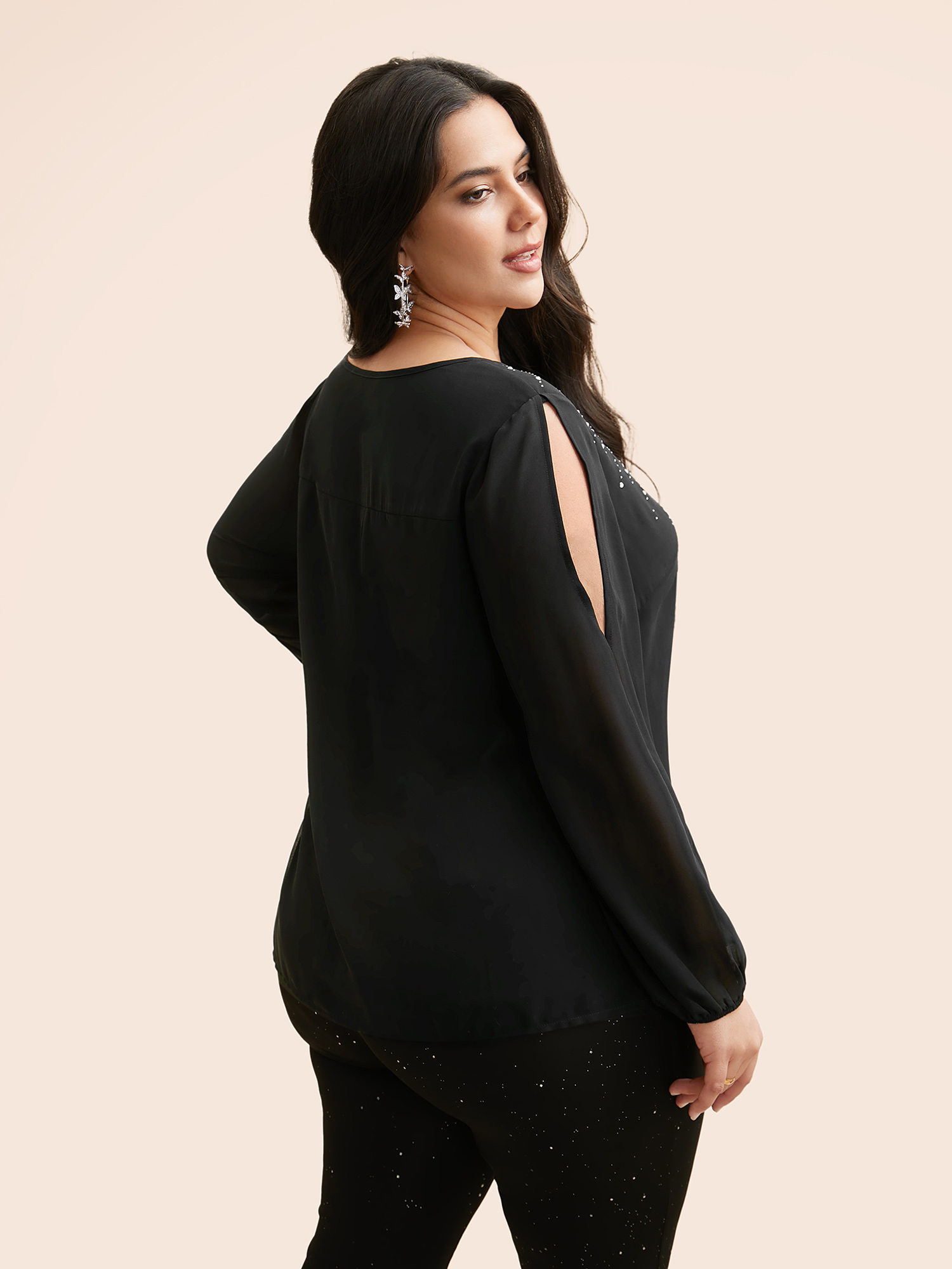 Plus Size Black Rhinestone Cut Out Lantern Sleeve Blouse Women Cocktail Long Sleeve Round Neck Party Blouses BloomChic 18-20/2X 