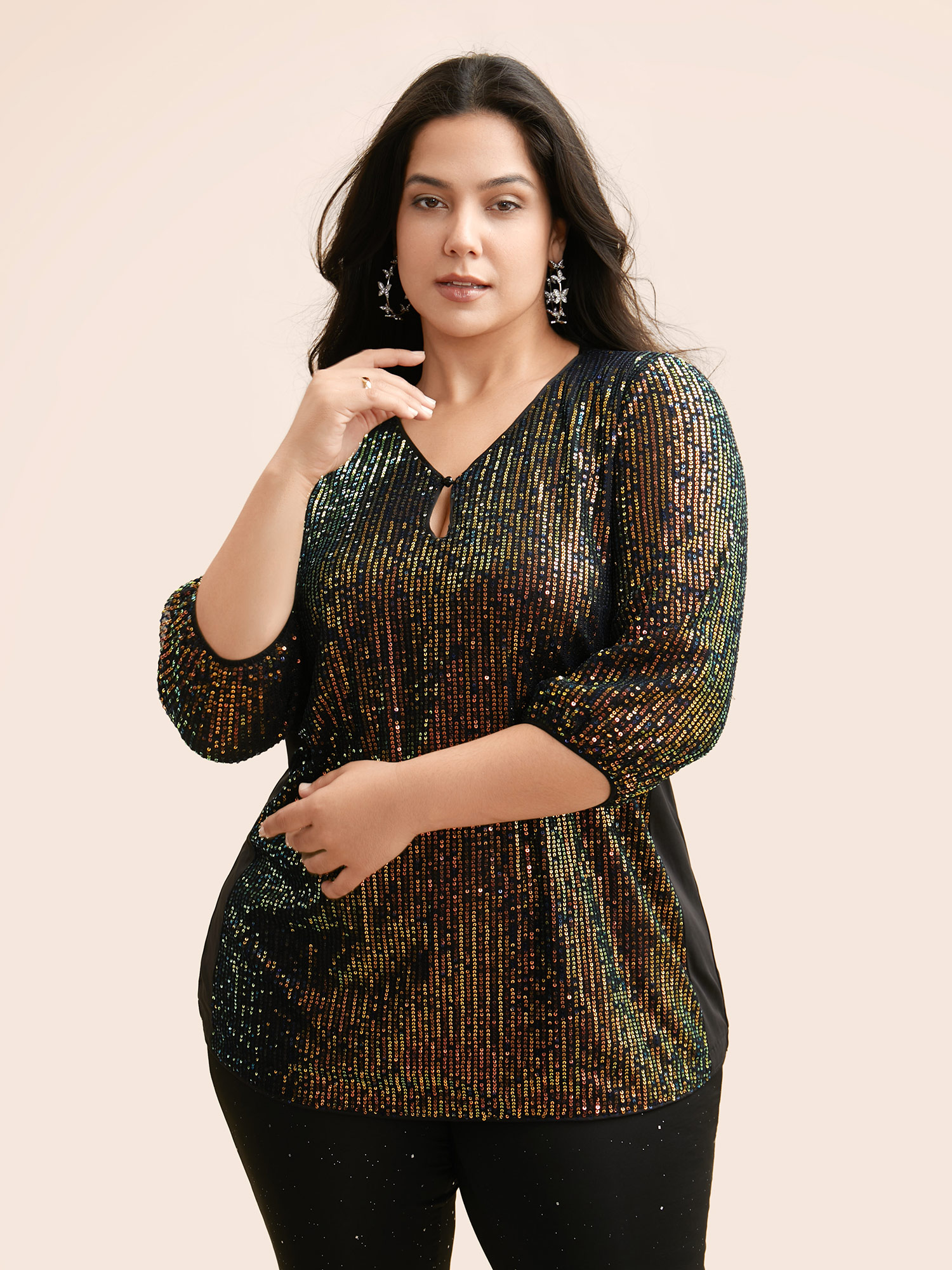 

Plus Size Multicolor Sequin Keyhole Lantern Sleeve Blouse Women Cocktail Elbow-length sleeve V-neck Party Blouses BloomChic