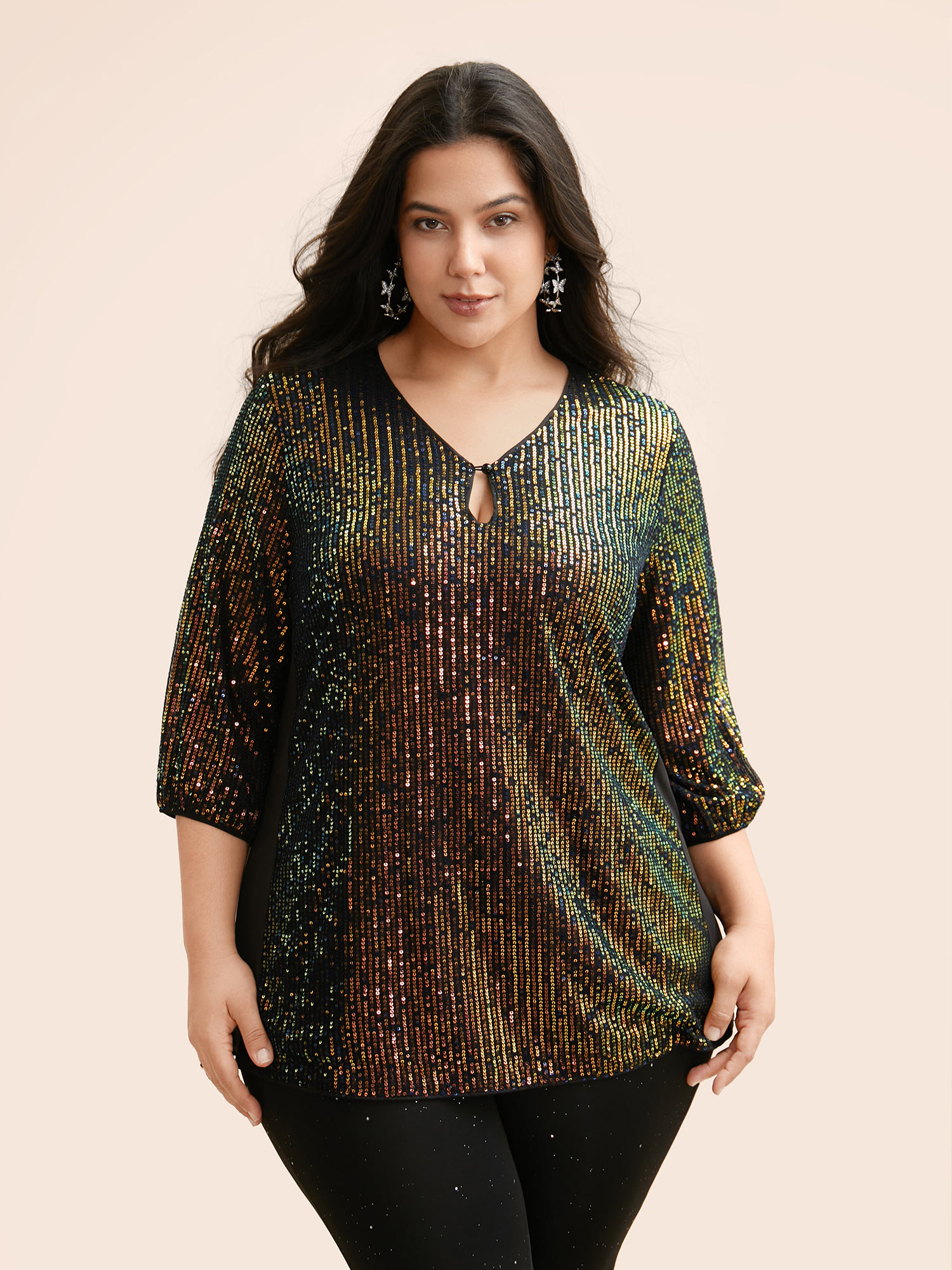 

Plus Size Multicolor Sequin Keyhole Lantern Sleeve Blouse Women Cocktail Elbow-length sleeve V-neck Party Blouses BloomChic