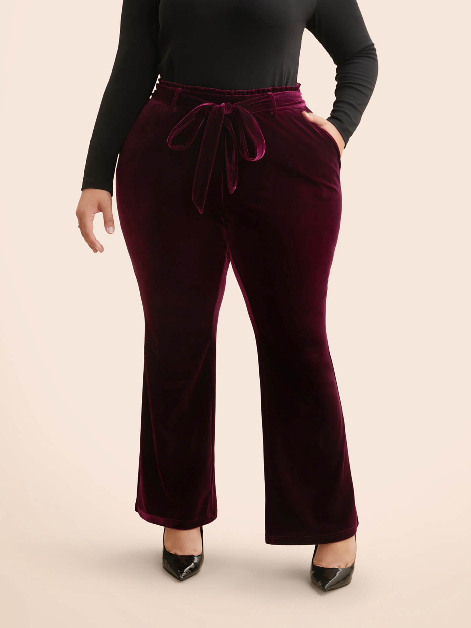 

Plus Size Velvet Paperbag Waist Belted Pants Women Burgundy Cocktail Bootcut Mid Rise Party Pants BloomChic