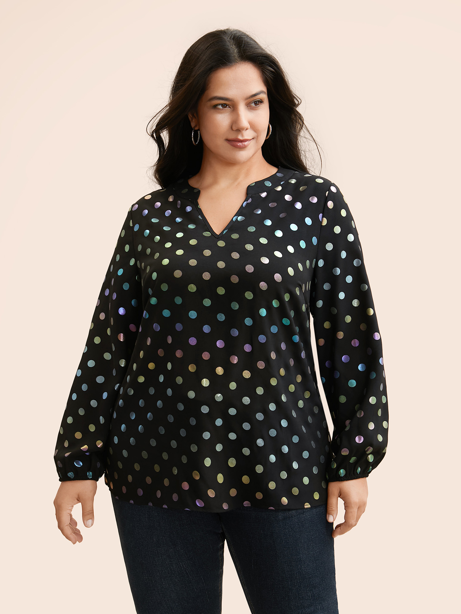 

Plus Size Black Glitter Polka Dot Lantern Sleeve Blouse Women Cocktail Long Sleeve Ribbon-tied collar Party Blouses BloomChic