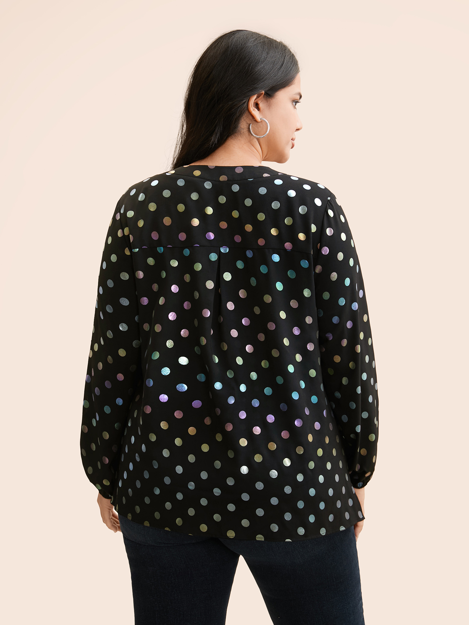 

Plus Size Black Glitter Polka Dot Lantern Sleeve Blouse Women Cocktail Long Sleeve Ribbon-tied collar Party Blouses BloomChic