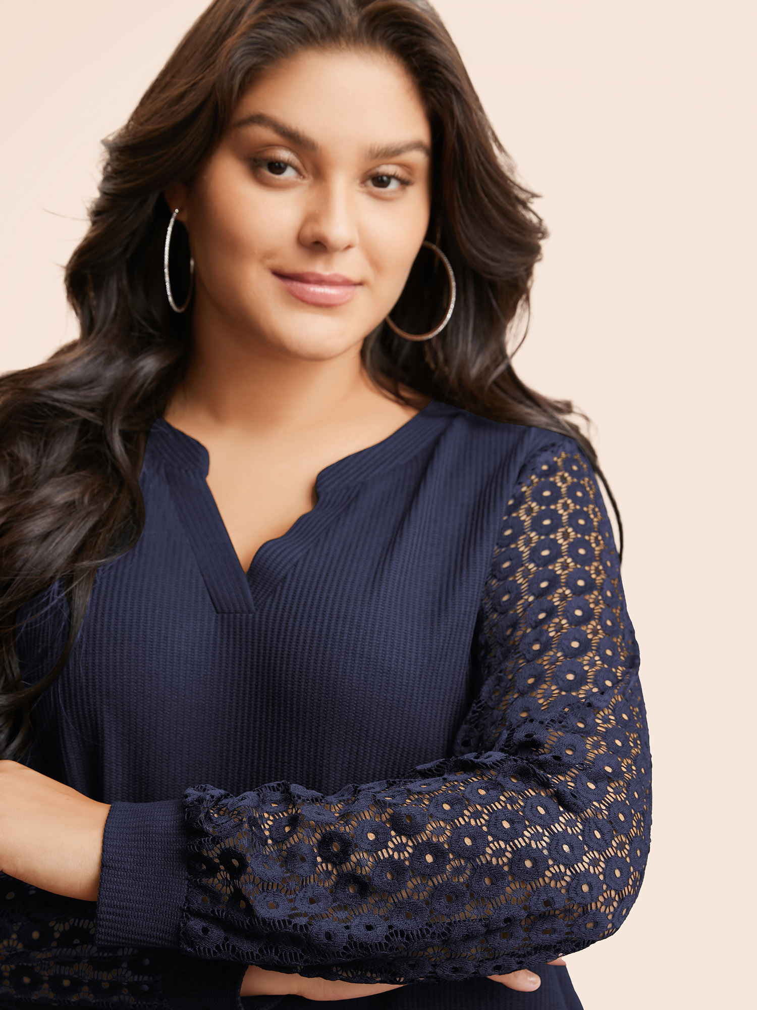 

Plus Size Notched Crochet Lace Mesh T-shirt Indigo Flat collar with V-notch Long Sleeve Casual Jersey Tops