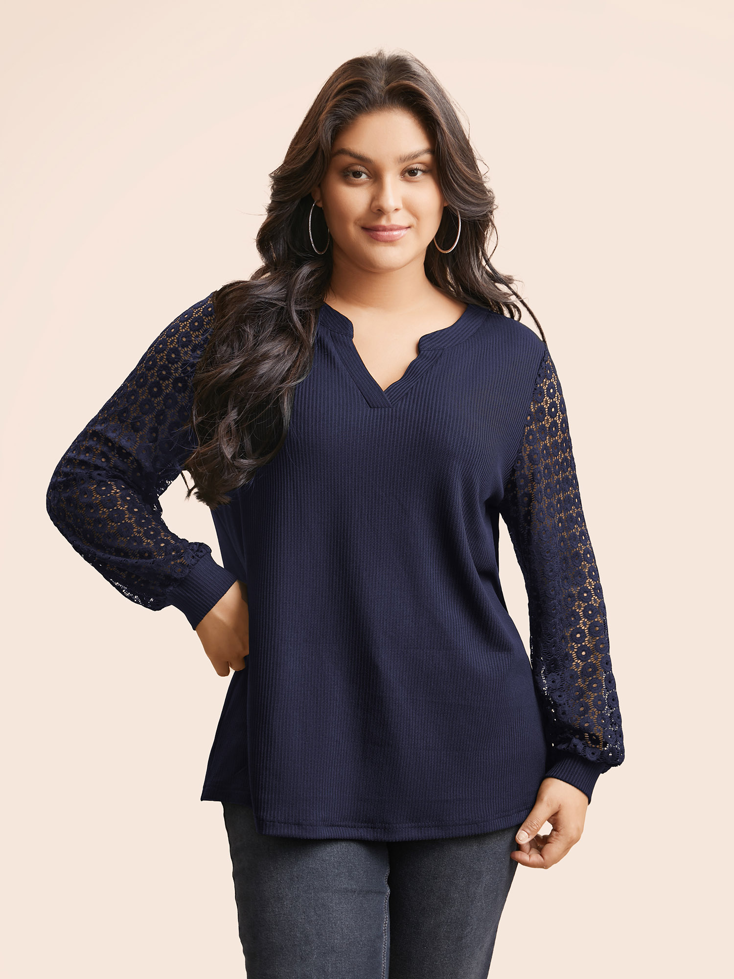 

Plus Size Notched Crochet Lace Mesh T-shirt Indigo Flat collar with V-notch Long Sleeve Casual Jersey Tops