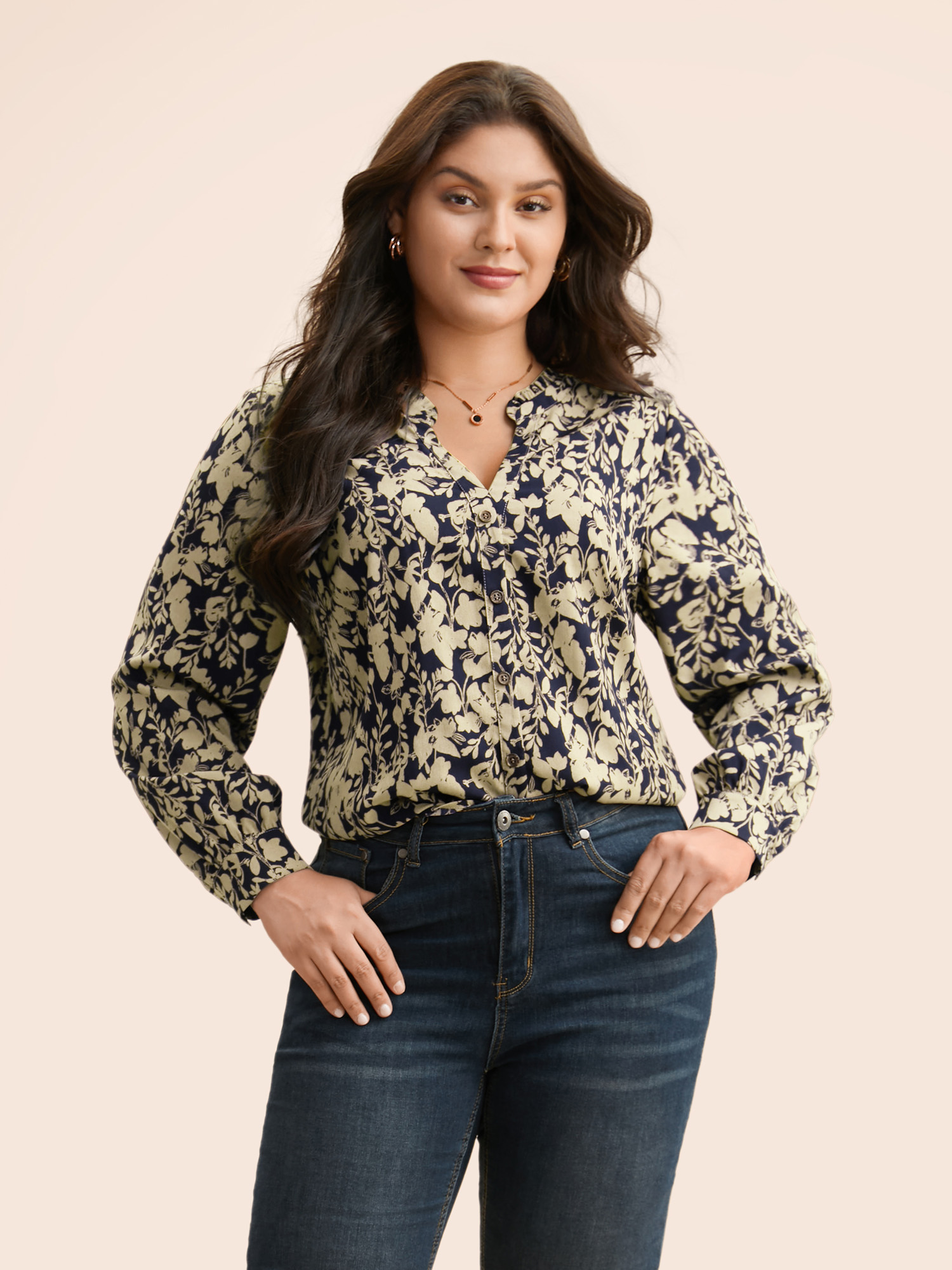 

Plus Size Indigo Silhouette Floral Print Notched Frill Trim Blouse Women Elegant Long Sleeve Notched collar Everyday Blouses BloomChic