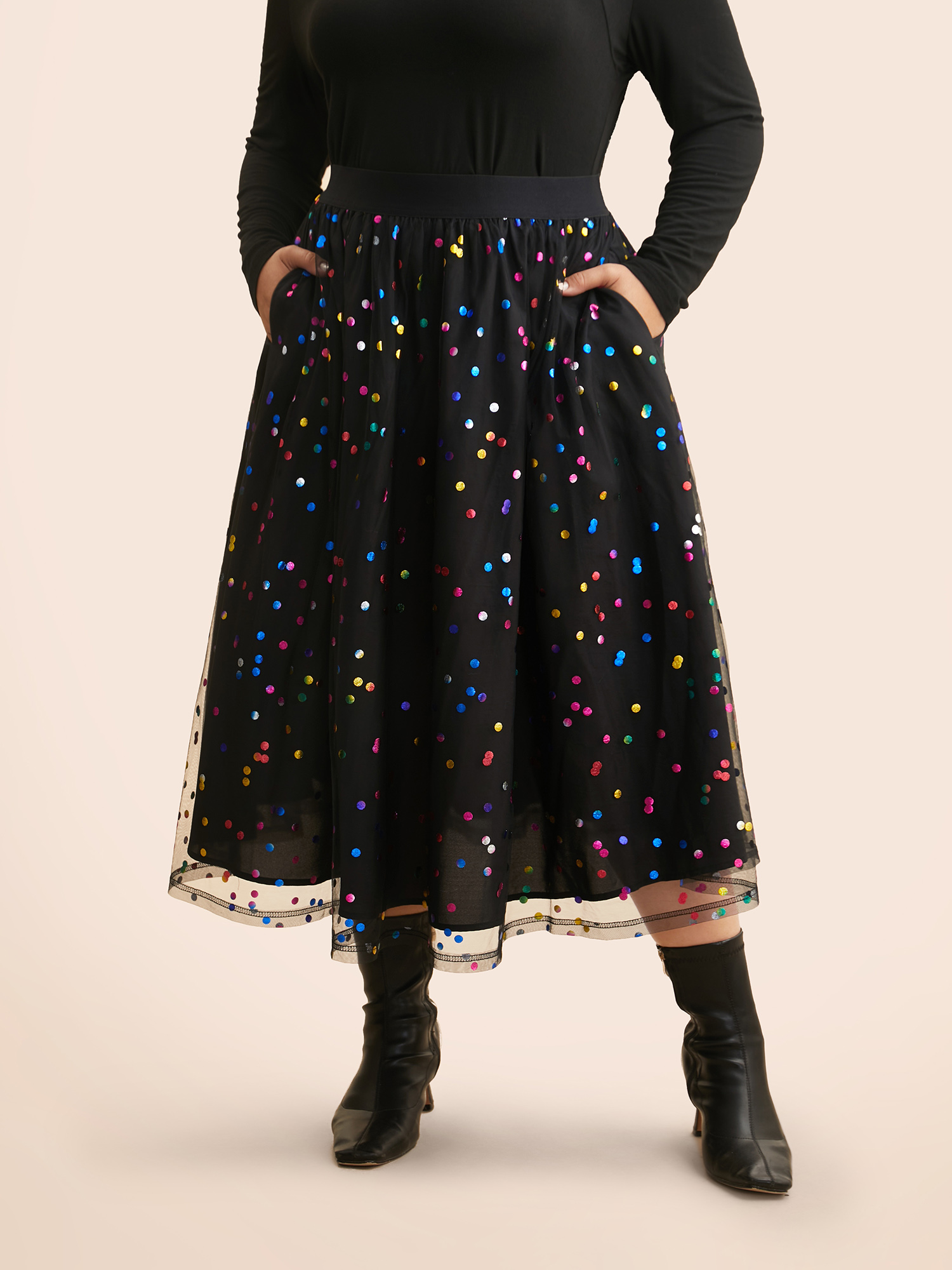 

Plus Size Sequin Polka Dot Tiered Mesh Skirt Women Black Cocktail Tiered Loose No stretch Side seam pocket Party Skirts BloomChic