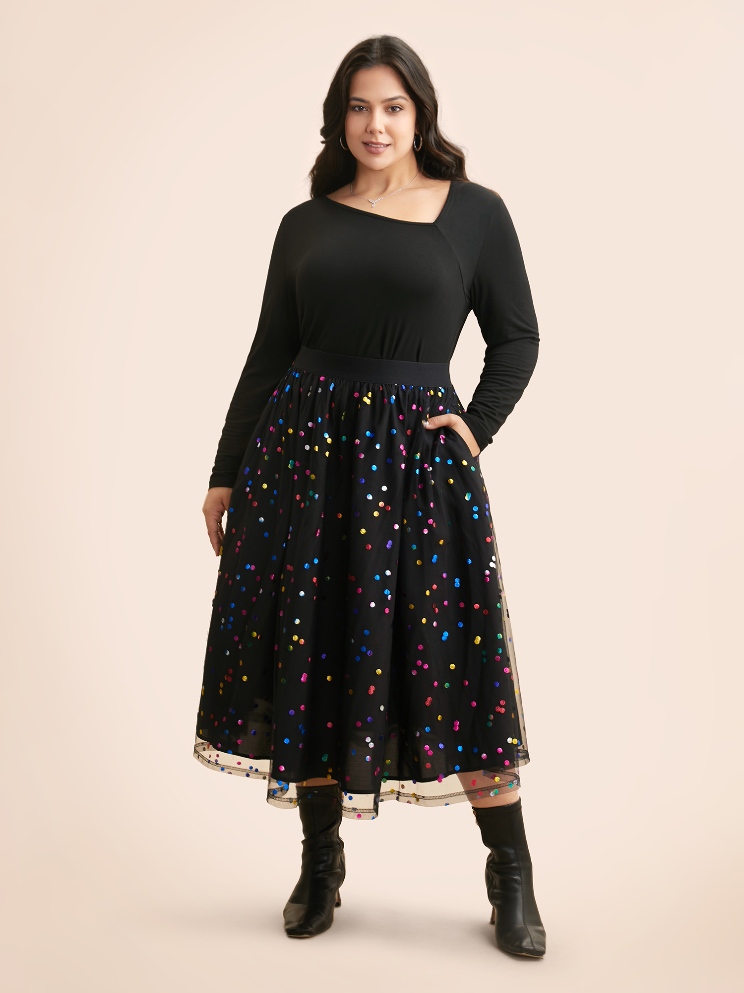 Plus Size Sequin Polka Dot Tiered Mesh Skirt Women Black Cocktail Tiered Loose No stretch Side seam pocket Party Skirts BloomChic 18-20/2X 