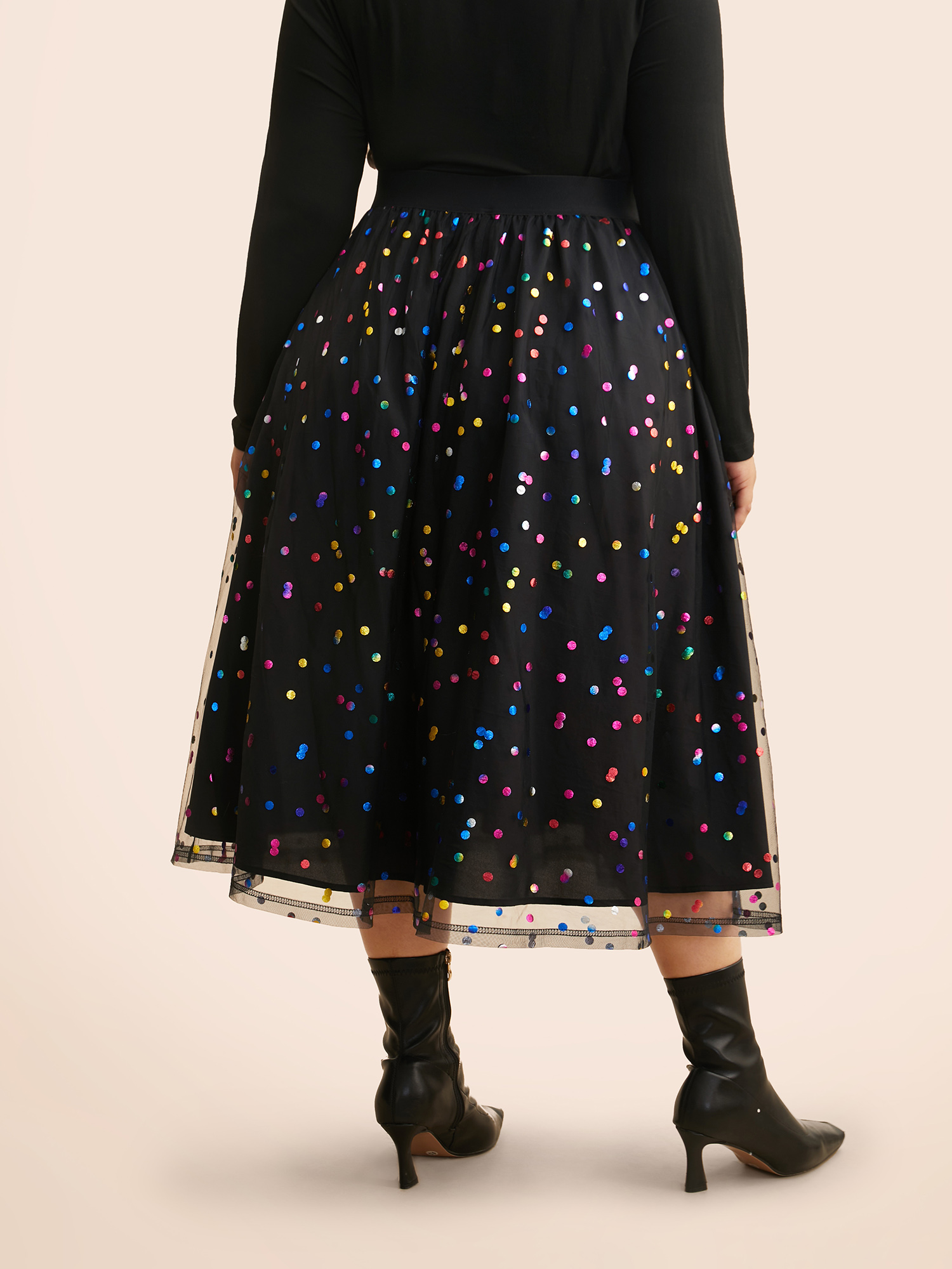 Plus Size Sequin Polka Dot Tiered Mesh Skirt Women Black Cocktail Tiered Loose No stretch Side seam pocket Party Skirts BloomChic 18-20/2X 