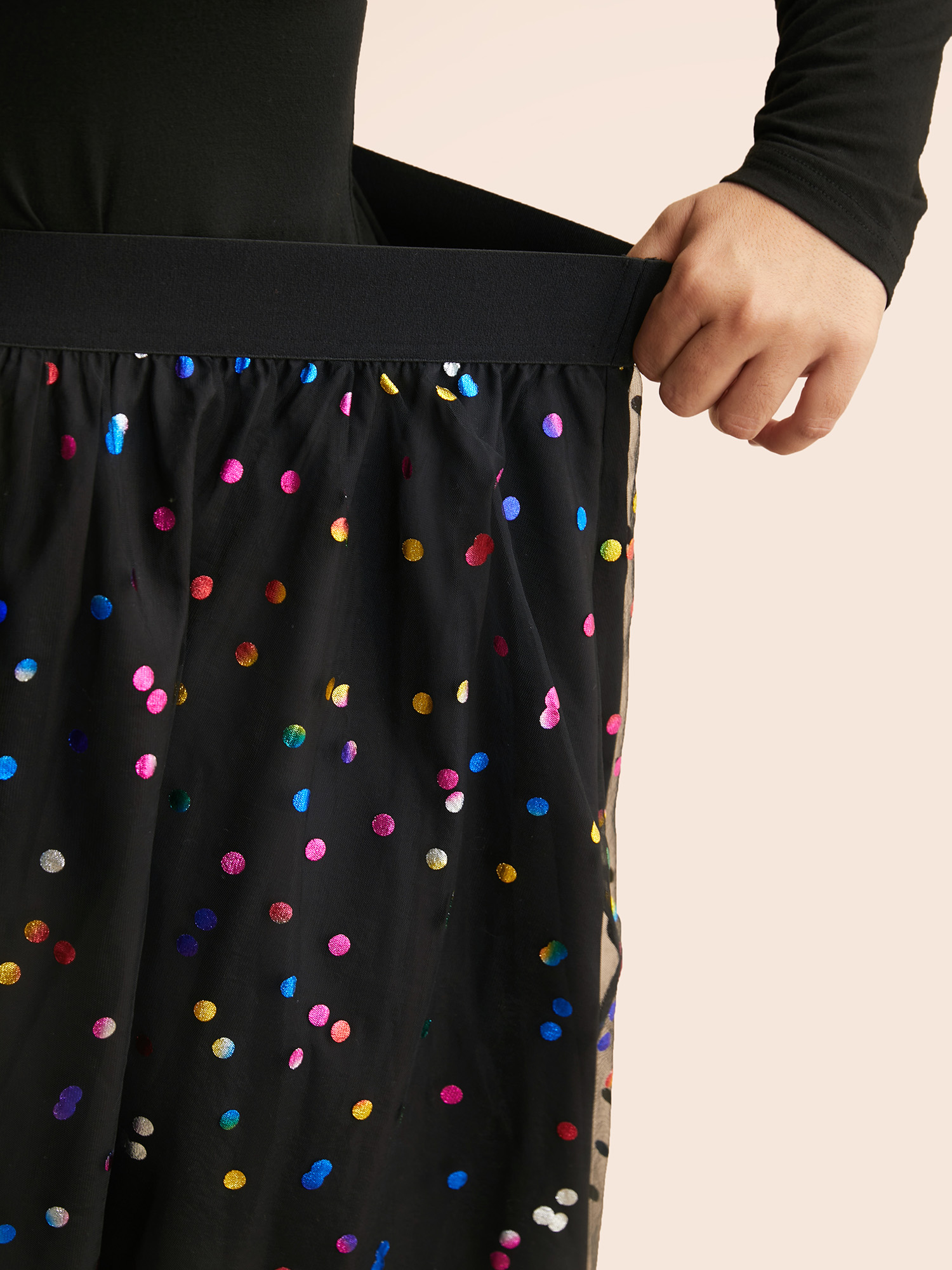 Plus Size Sequin Polka Dot Tiered Mesh Skirt Women Black Cocktail Tiered Loose No stretch Side seam pocket Party Skirts BloomChic 18-20/2X 