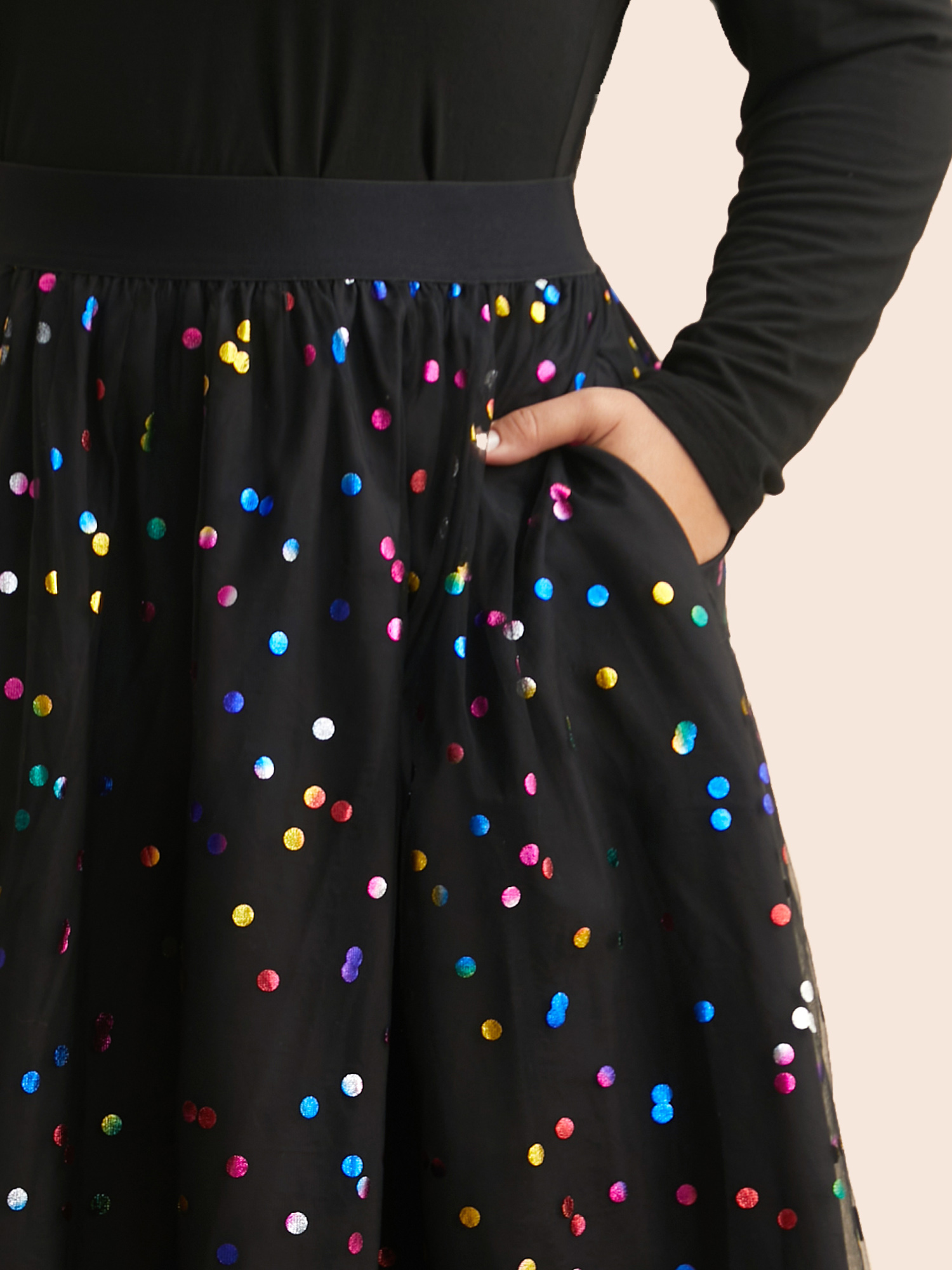 Plus Size Sequin Polka Dot Tiered Mesh Skirt Women Black Cocktail Tiered Loose No stretch Side seam pocket Party Skirts BloomChic 18-20/2X 