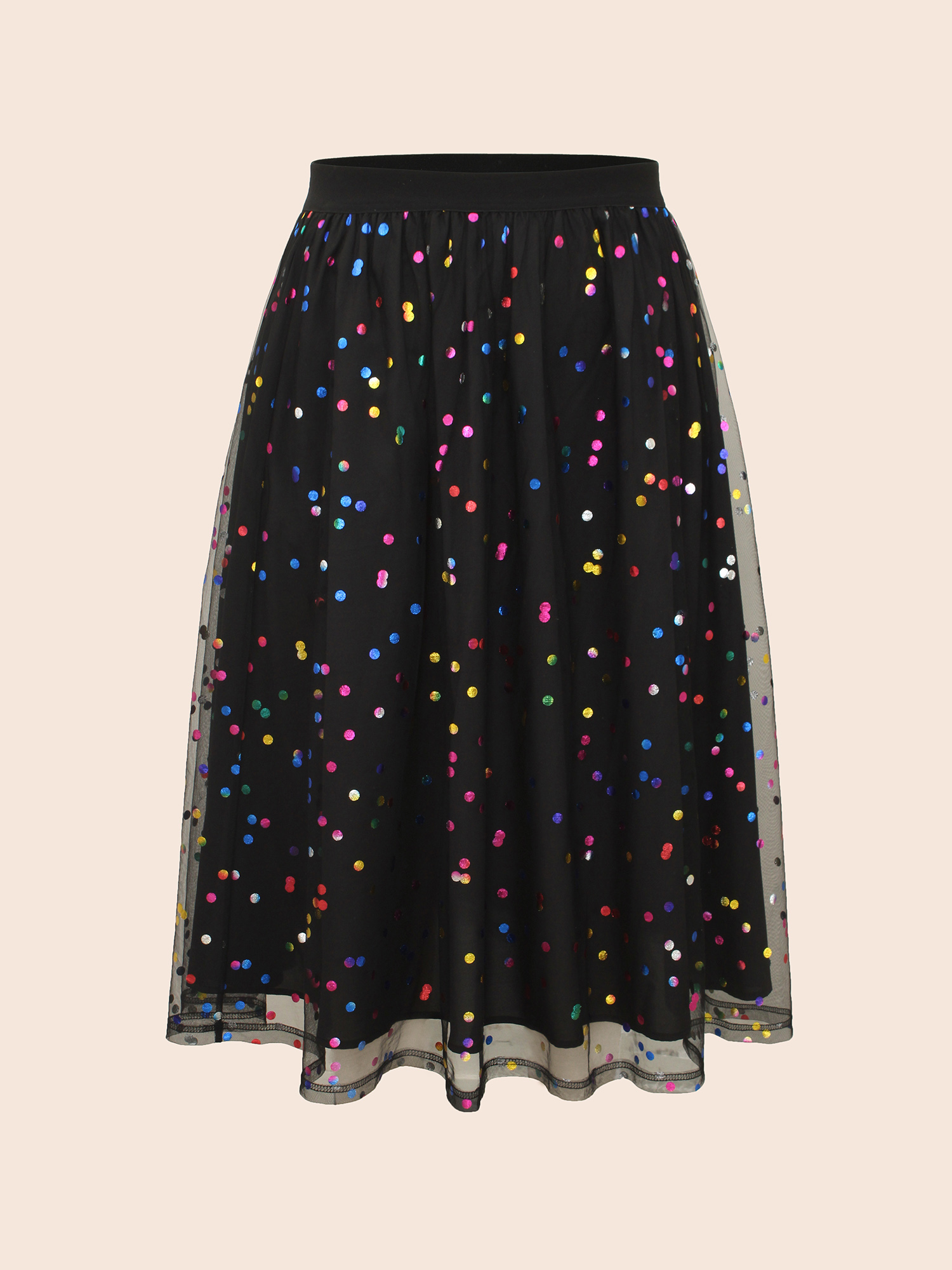 Plus Size Sequin Polka Dot Tiered Mesh Skirt Women Black Cocktail Tiered Loose No stretch Side seam pocket Party Skirts BloomChic 18-20/2X 