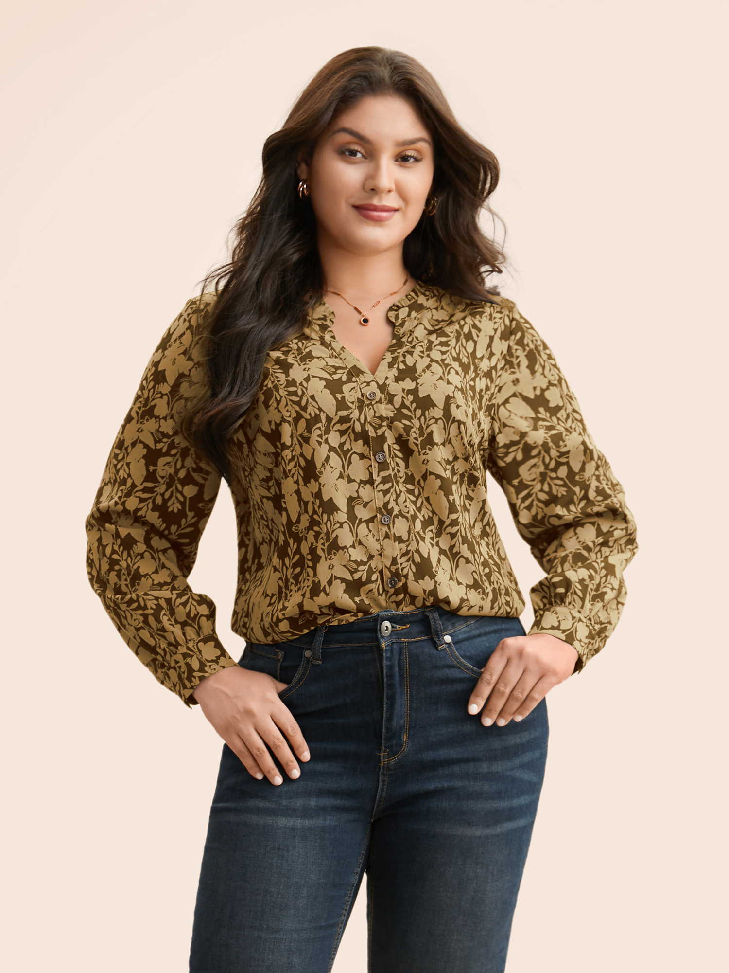 

Plus Size Browncoffeecolor Silhouette Floral Print Notched Frill Trim Blouse Women Elegant Long Sleeve Notched collar Everyday Blouses BloomChic