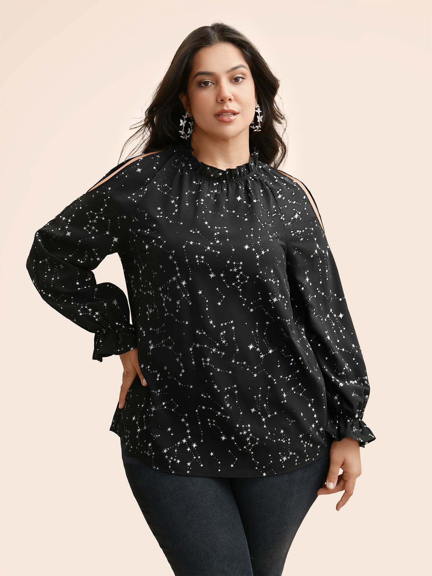 

Plus Size Black Star Lantern Sleeve Ruffles Gathered Blouse Women Elegant Long Sleeve Mock Neck Everyday Blouses BloomChic