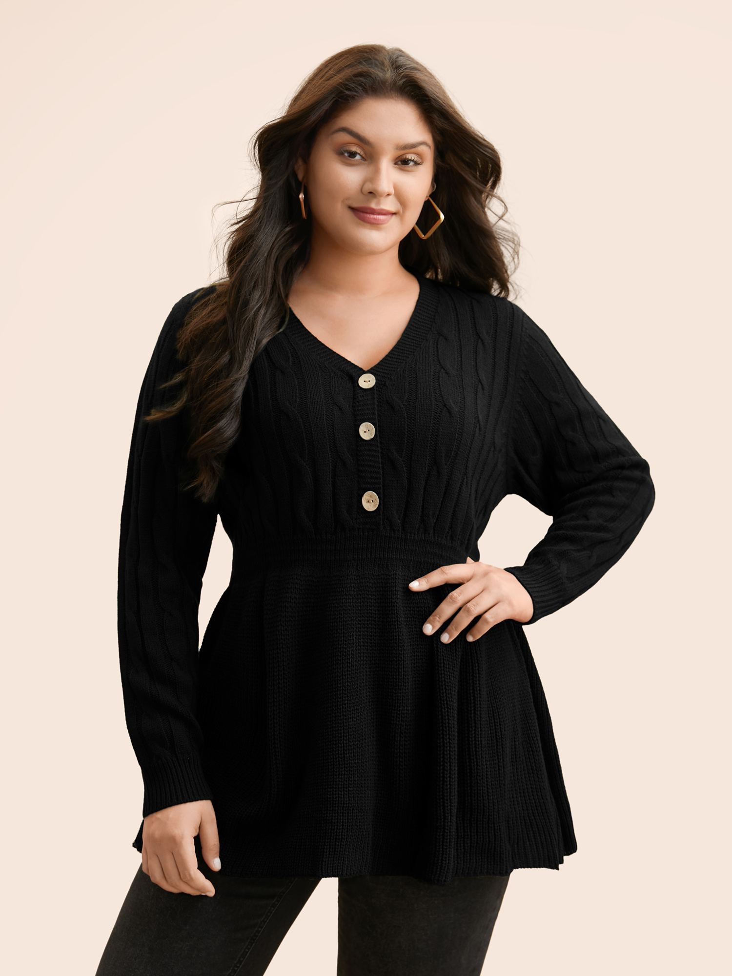 

Plus Size Texture Cable Knit Button Detail Pullover Black Women Casual Long Sleeve V-neck Everyday Pullovers BloomChic