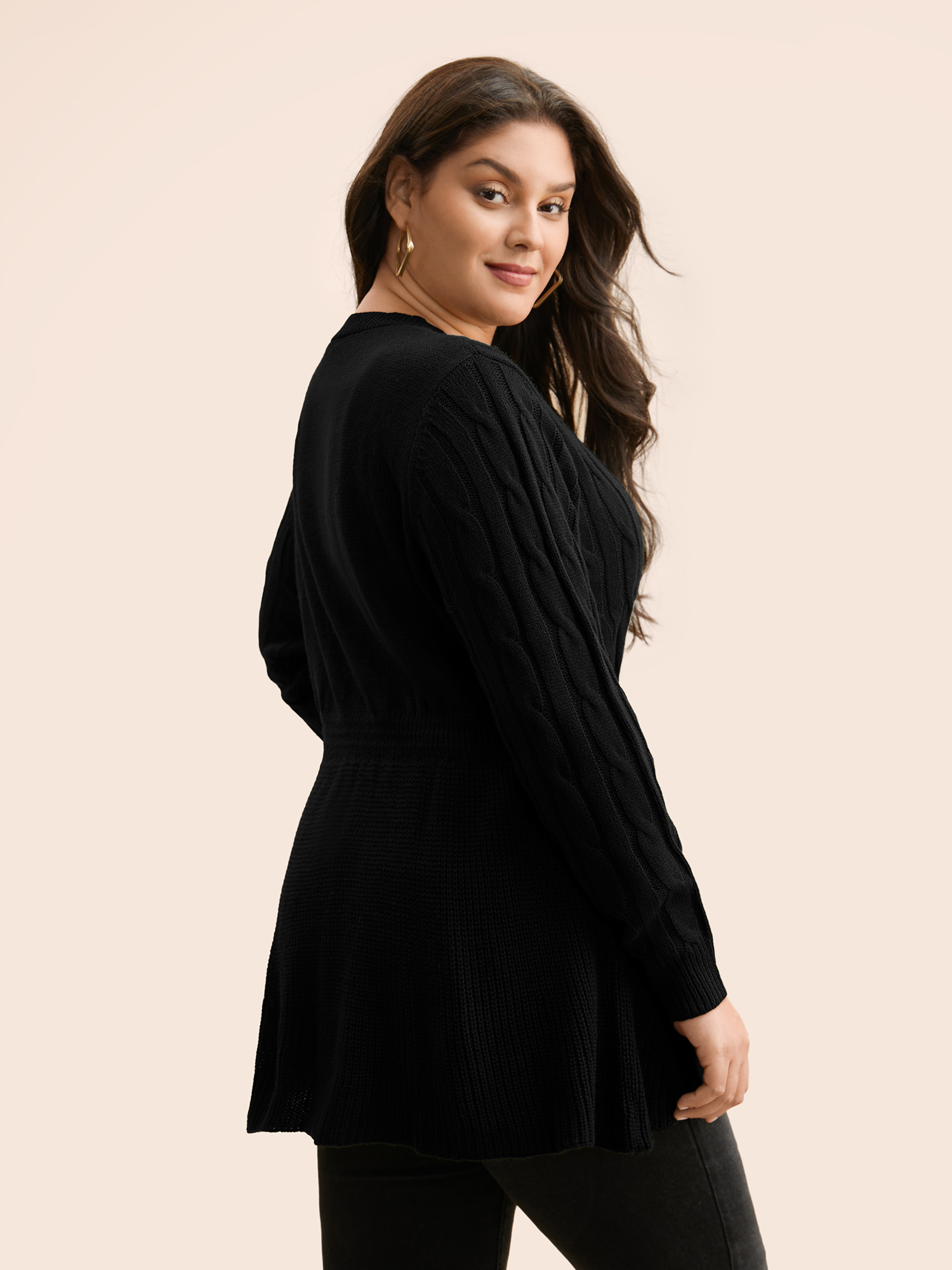 

Plus Size Texture Cable Knit Button Detail Pullover Black Women Casual Long Sleeve V-neck Everyday Pullovers BloomChic