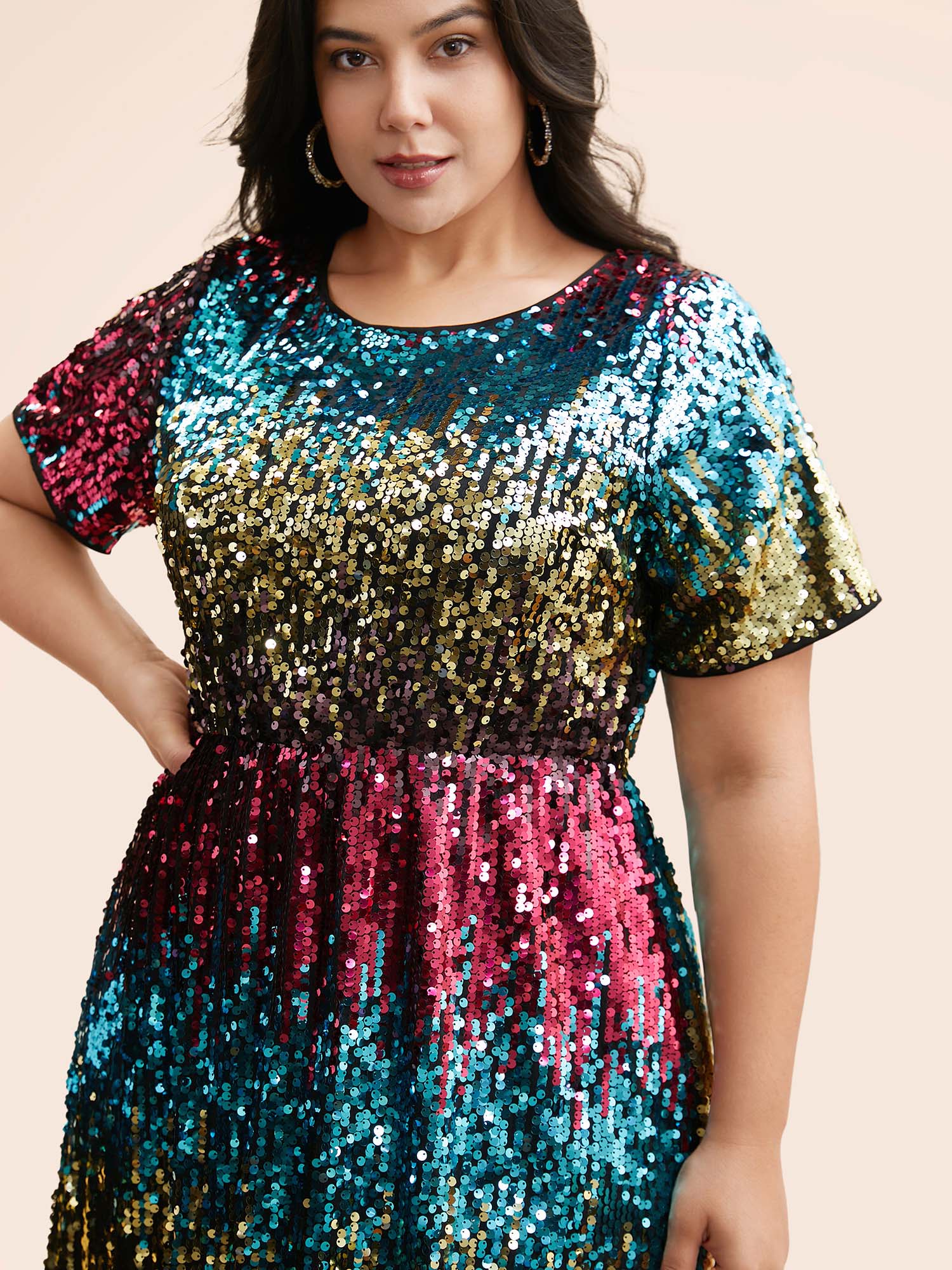 

Plus Size Round Neck Ombre Sequin Dress Multicolor Women Cocktail Texture Party Curvy Bloomchic