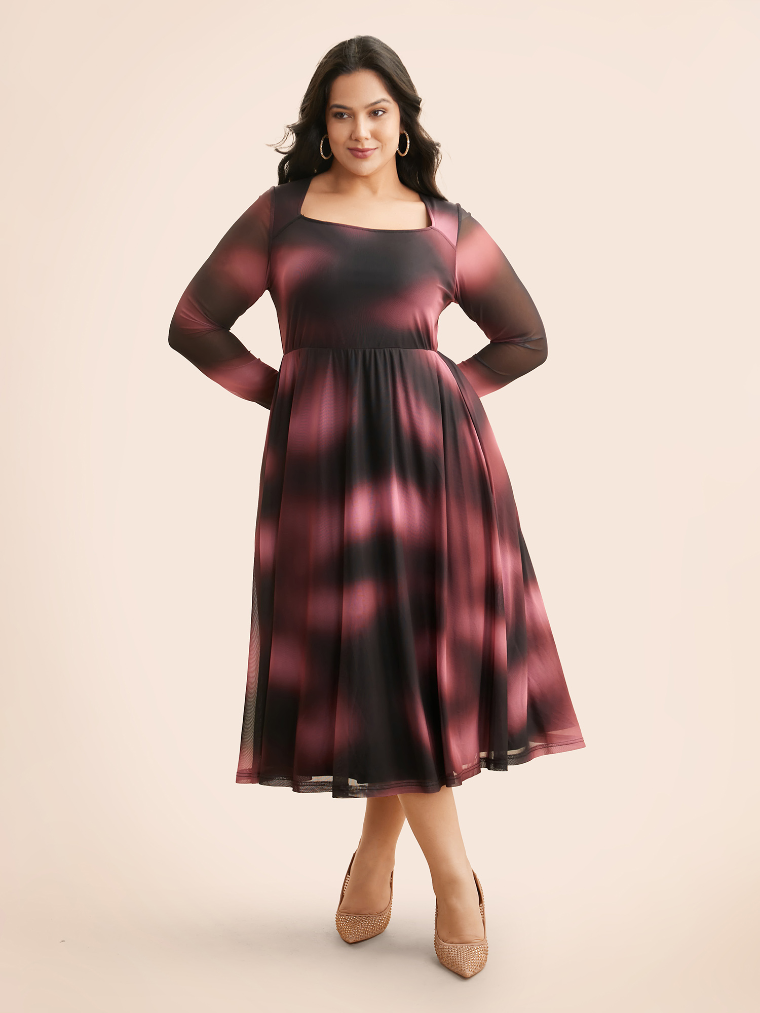 

Plus Size Square Neck Gradient Dyeing Mesh Dress Eggplant Women Cocktail Texture Party Curvy Bloomchic