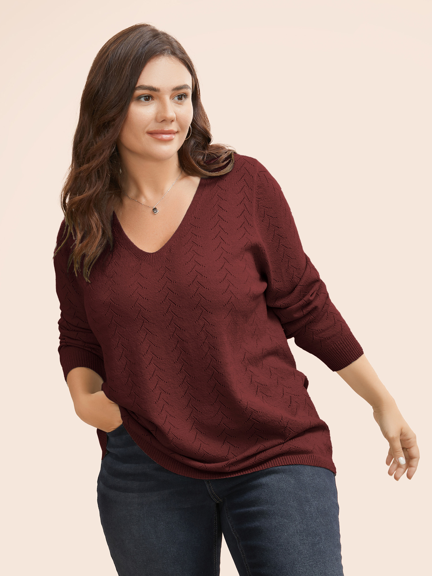 

Plus Size Texture V Neck Lightweight Pullover Burgundy Women Casual Long Sleeve V-neck Everyday Pullovers BloomChic