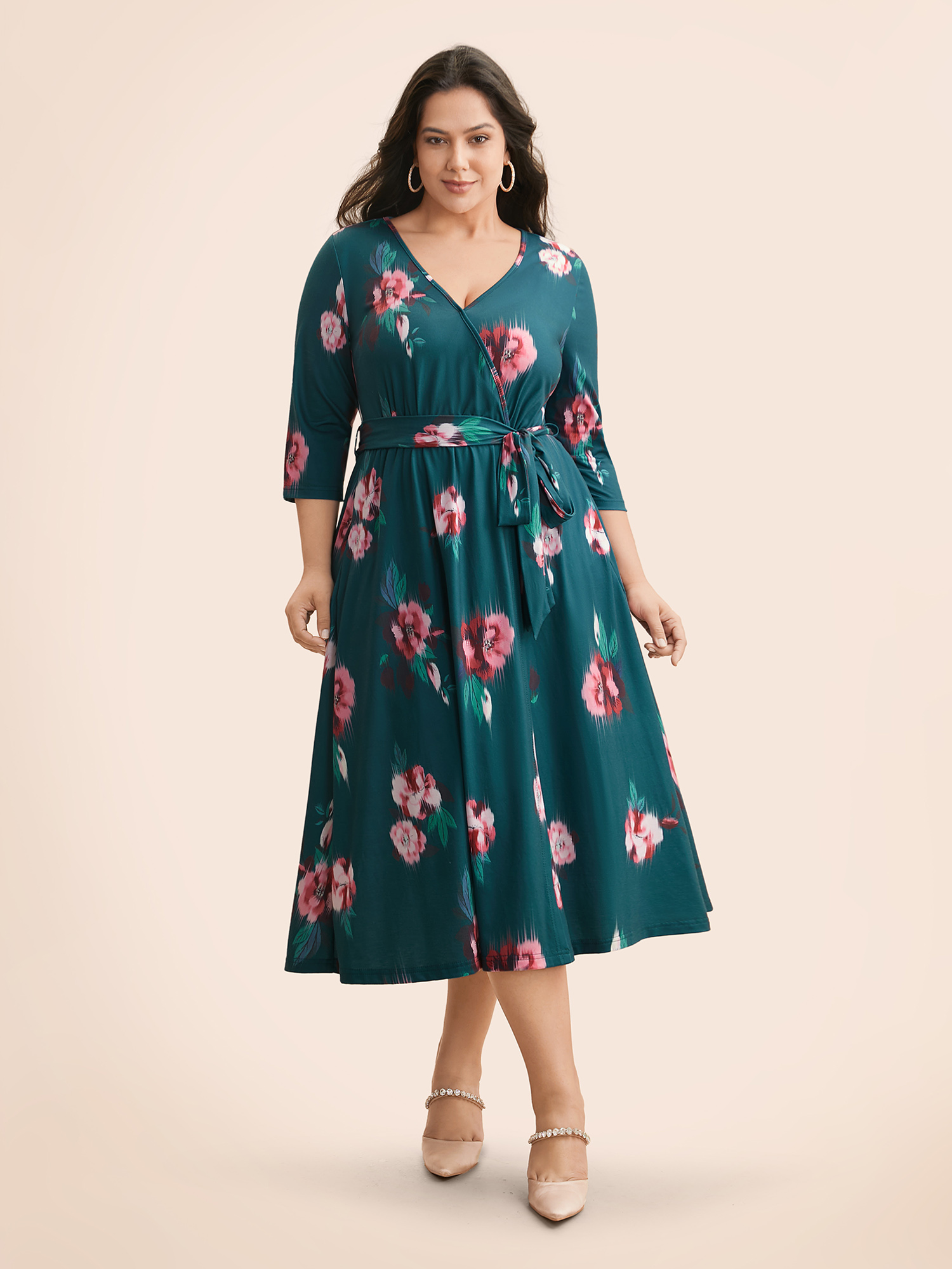 

Plus Size Overlap Collar Floral Midi Dress Emerald Women Elegant Belted Overlap Collar Elbow-length sleeve Curvy BloomChic