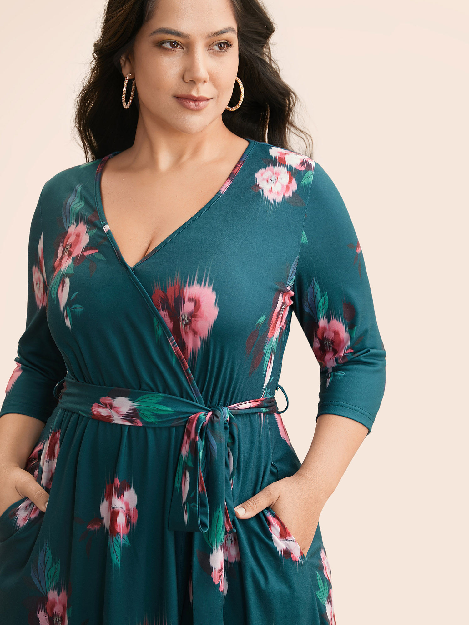 

Plus Size Overlap Collar Floral Midi Dress Emerald Women Elegant Belted Overlap Collar Elbow-length sleeve Curvy BloomChic