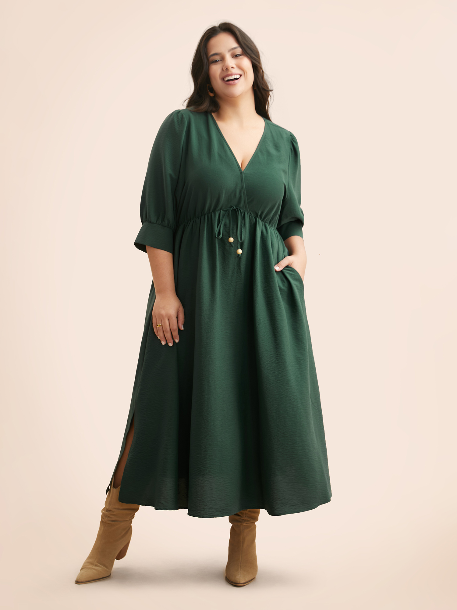 

Plus Size V Neck Tie Knot Slit Hem Midi Dress DarkGreen Women Resort Tie knot Overlap Collar Elbow-length sleeve Curvy BloomChic